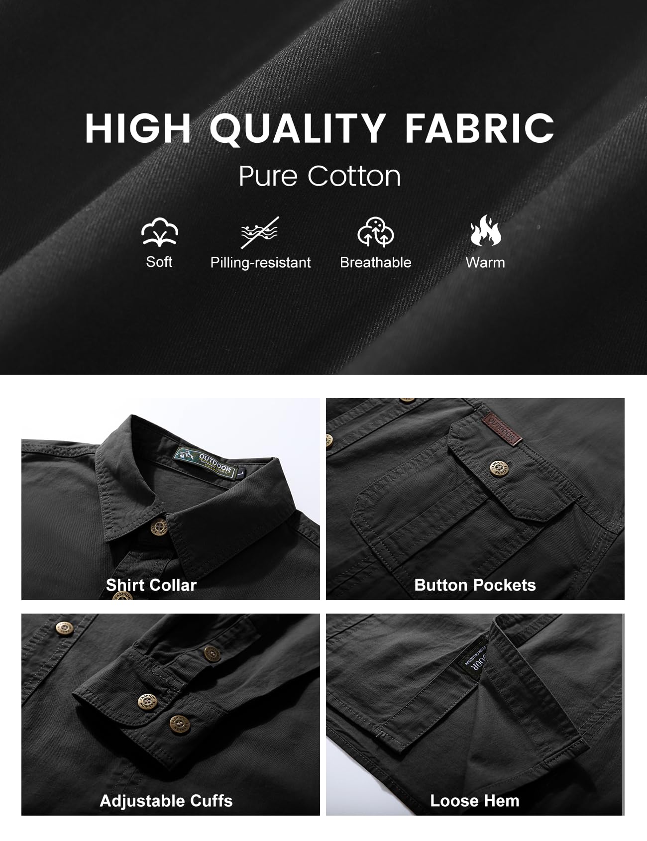 Eisctnd Men's Long Sleeve Cotton Work Shirt Casual Loose Fit Button Down Shirts with 2-Pocket for Outdoor Safari