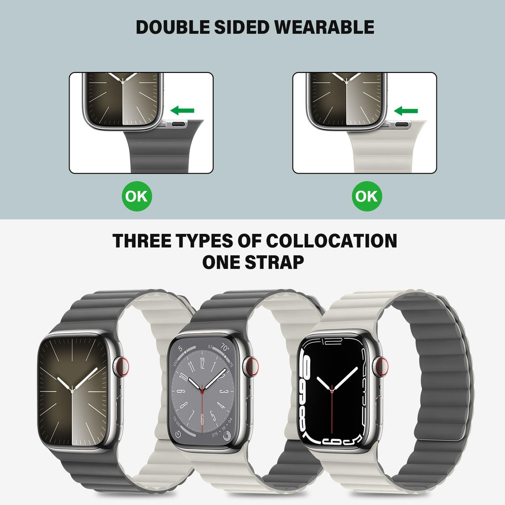 Bisikor Compatible with Apple Watch Band 49 46 45 44 42 41 40 38mm, Double Sided Wearable Silicone Magnetic Strap for iWatch Ultra SE Series 11 10 9 8 7 6 5 4 3 2 1 (38/40/41/42, Beige/Gray)