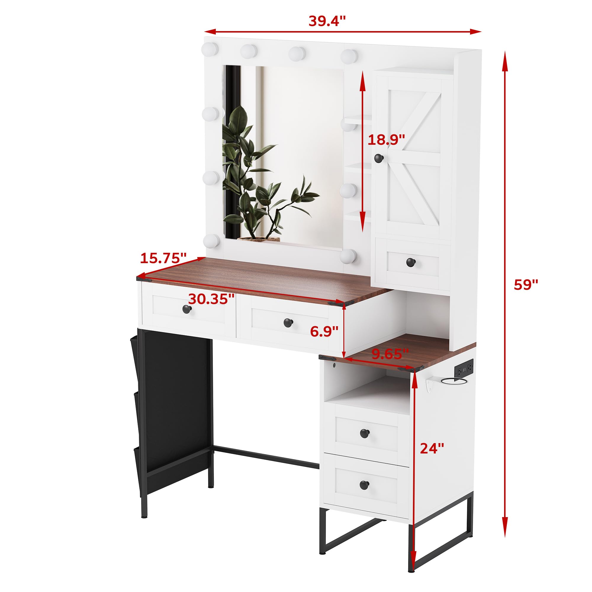 YIKEHOME Makeup Vanity Desk with Mirror and 10 Lights, 3-Colour Hollywood Brighter Bulbs, Vanity Table Set with Large Drawers and and Charging Station for Bedroom Dressing Room White