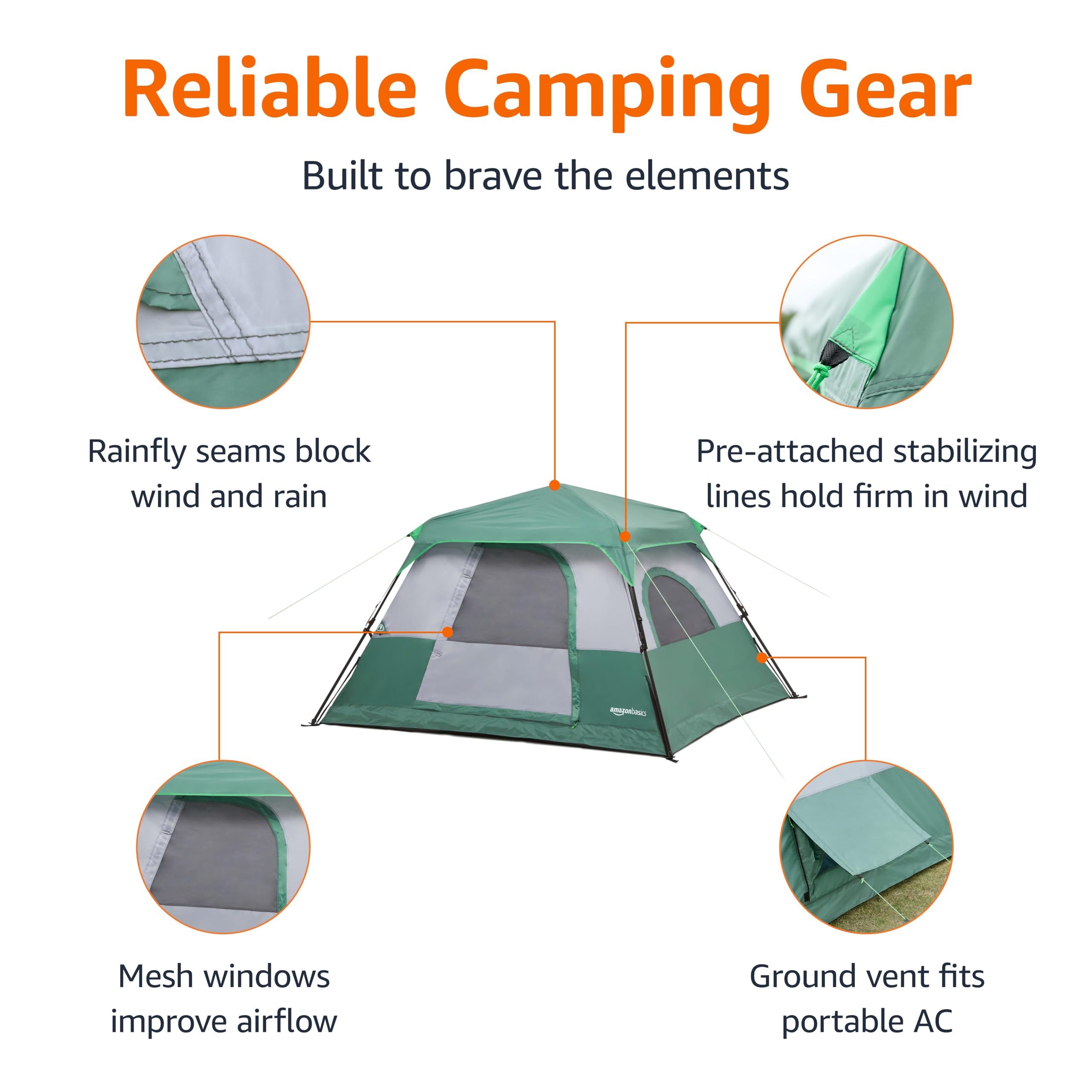 Amazon Basics Instant Camping Tent with Rainfly, Weather-Resistant, Quick Setup