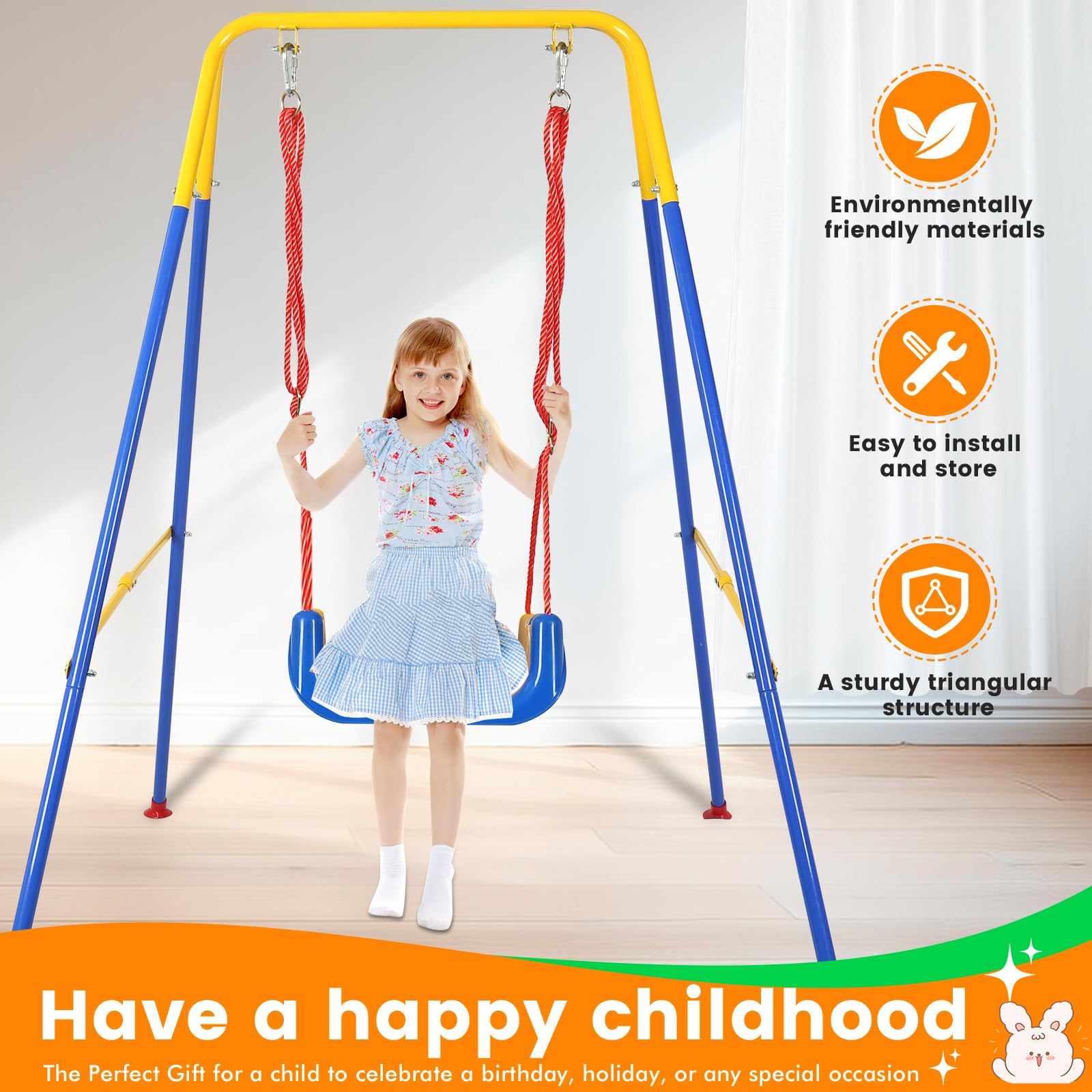 3-in-1 Toddler Swing Set, Metal A-Frame Hammock Chair Stand, Foldable Baby Swing Frame, Easy to Assemble & Store, Indoor/Outdoor Swing Stand for Toddler Baby Jumper Chair (SEAT)
