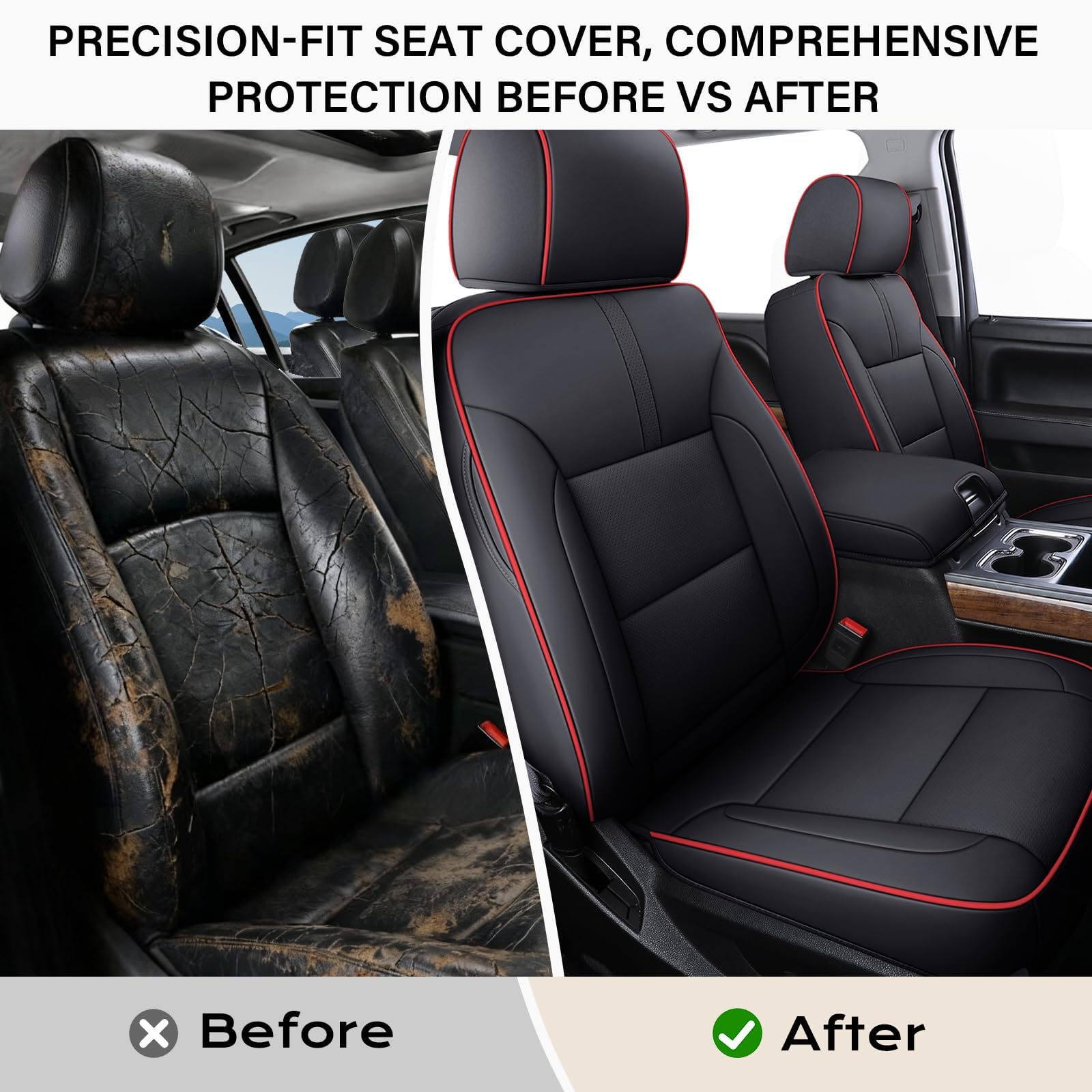 Coverado Chevy Silverado Seat Covers, Faux Leather Seat Covers Fit for Chevy Silverado GMC Sierra 2007-2025 1500, 2015-2025 2500HD 3500HD Crew Double Extended Cab (Front, Black)