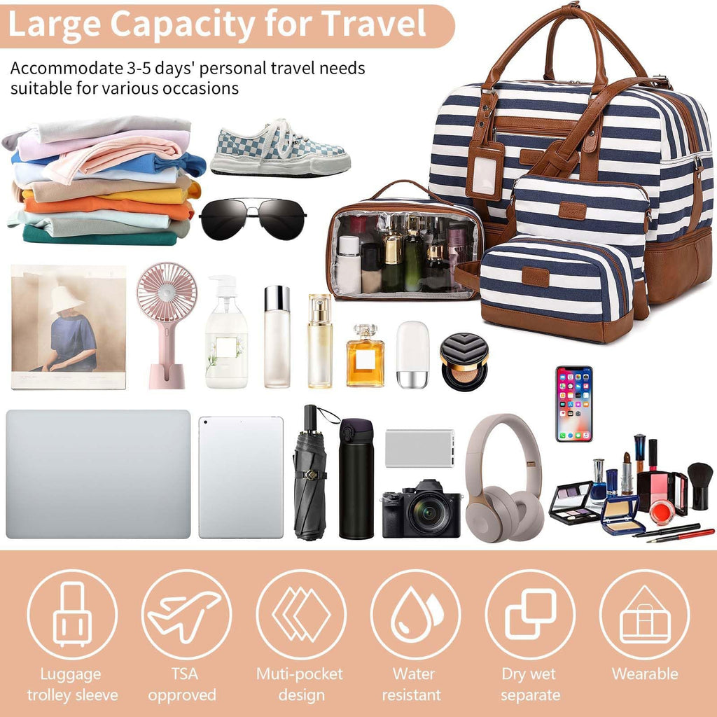 Wogarl 4PCS Weekender Bags for Women Large Overnight Weekend Travel Duffel Carry on Shoulder with Shoe Compartment Canvas Toiletry Bag for Travel Business Gym