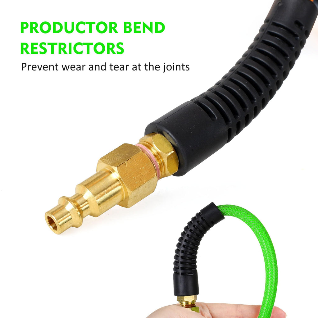 Air Compressor Hose 1/4 Inch x 25 Feet Reinforced Polyurethane (PU) Air Hose with Fittings, Bend Restrictors, 1/4" Industrial Quick Coupler and Plug Kit, Green