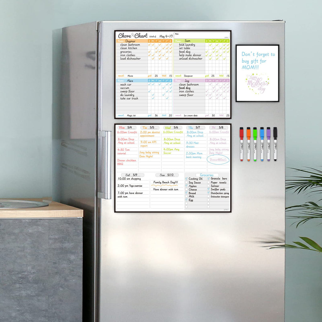 JJPRO Magnetic Dry Erase Chore Chart Set for Fridge-Used for Multiple Kids-One Chore Chart and Two Bonus Dry Erase Pad/Grocery Boards-Behavior Chart for Multiple Kids