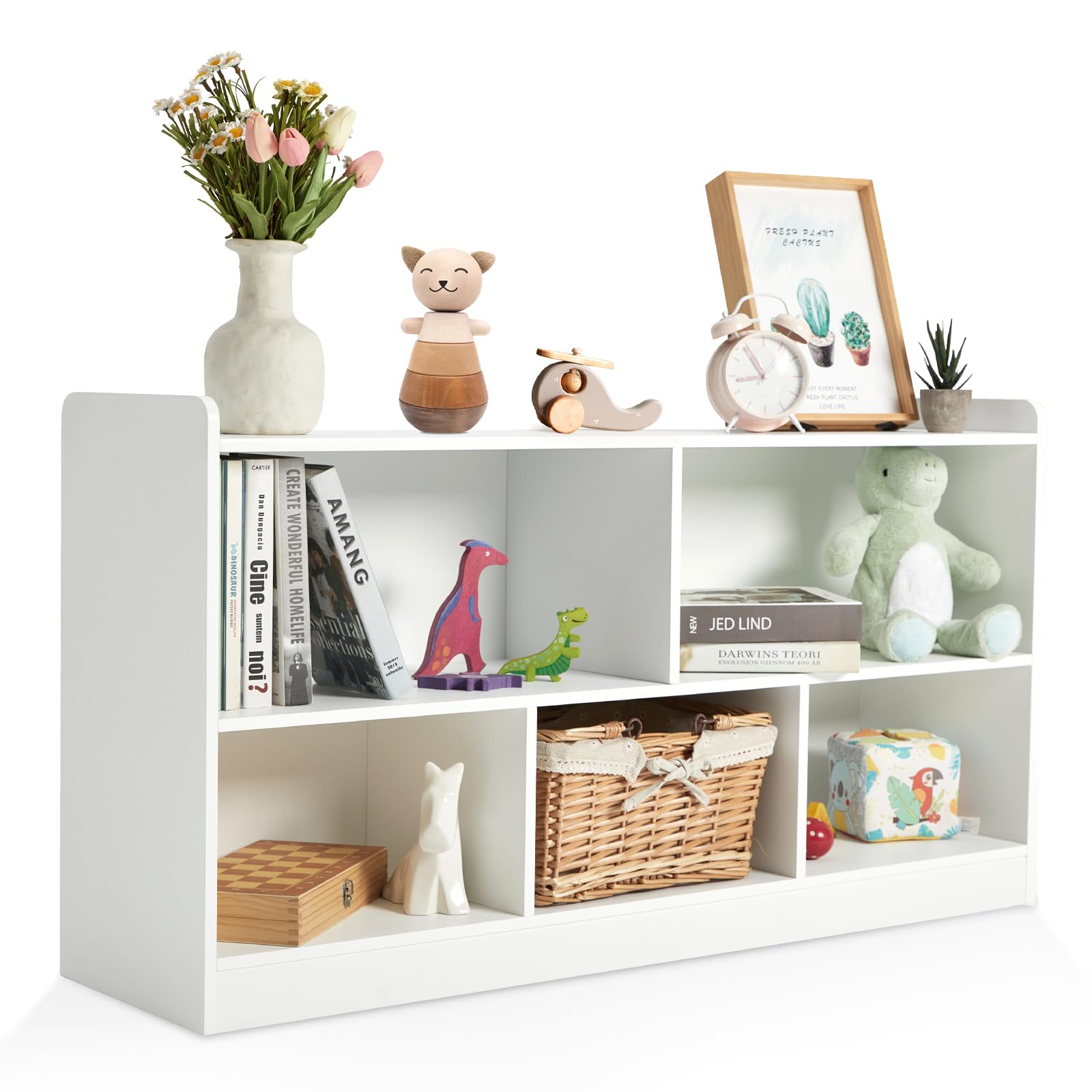 Montessori Shelf, Wooden Toy Storage Organizer for Books Toys, 2 Shelf Bookcase, 5-Section Storage Cabinet, Toddler Book Shelf for Kids Rooms, Playroom, Nursery, Kindergarten (Natural)