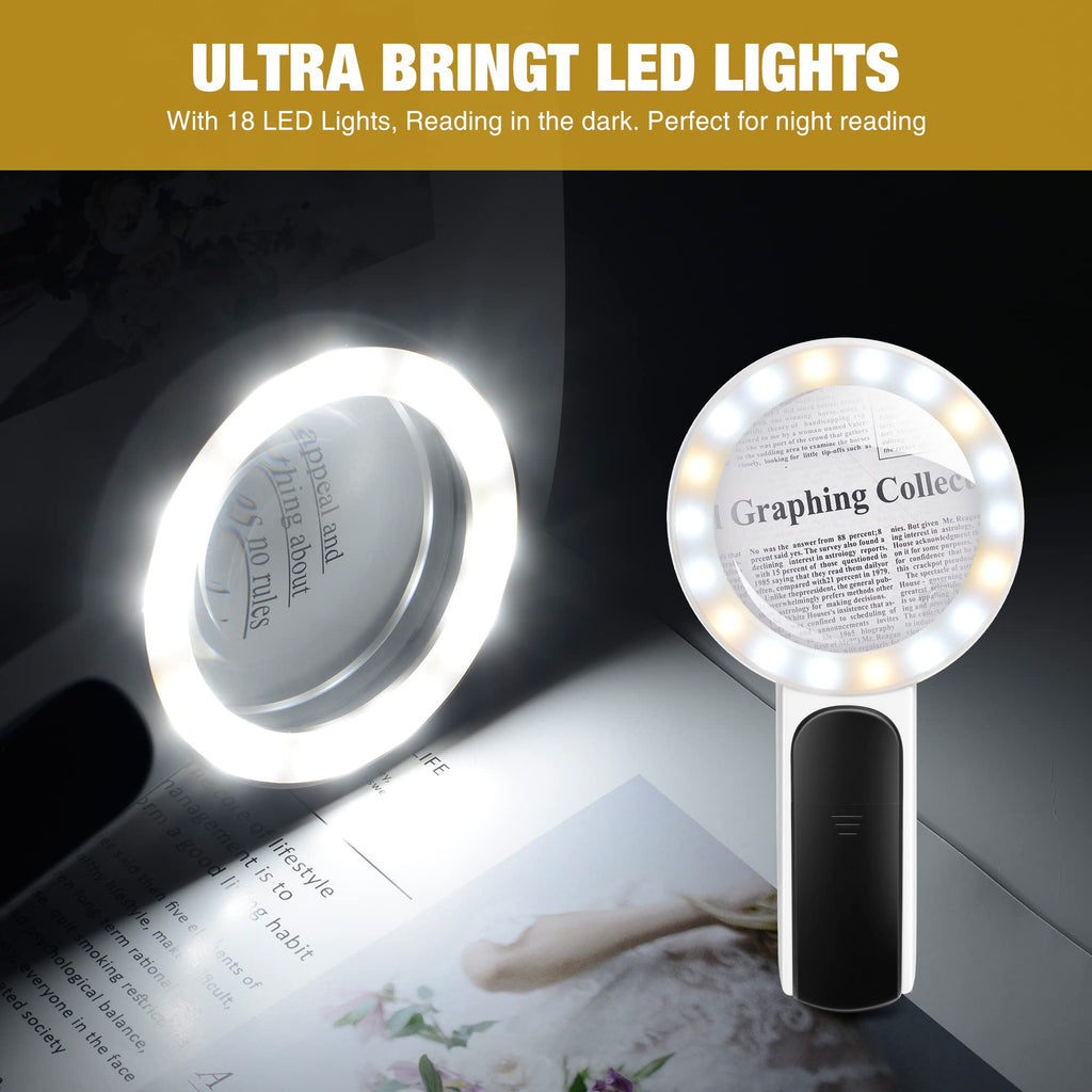 JMH Magnifying Glass with Light, Handheld Large Magnifying Glass 18LED Cold and Warm Light with 3 Modes, Illuminated Lighted Magnifier for Seniors Reading, Coins, Jewelry