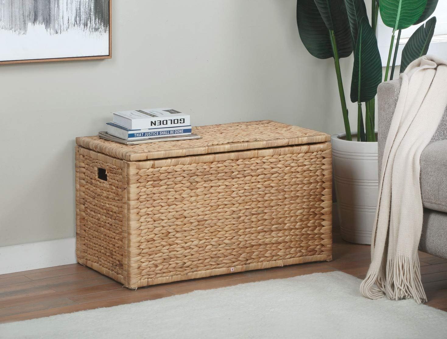 eHemco Heavy-duty Water Hyacinth Wicker Storage Trunk with Metal Frame, 30 by 17.5 by 17.5 Inches, Brown Wash