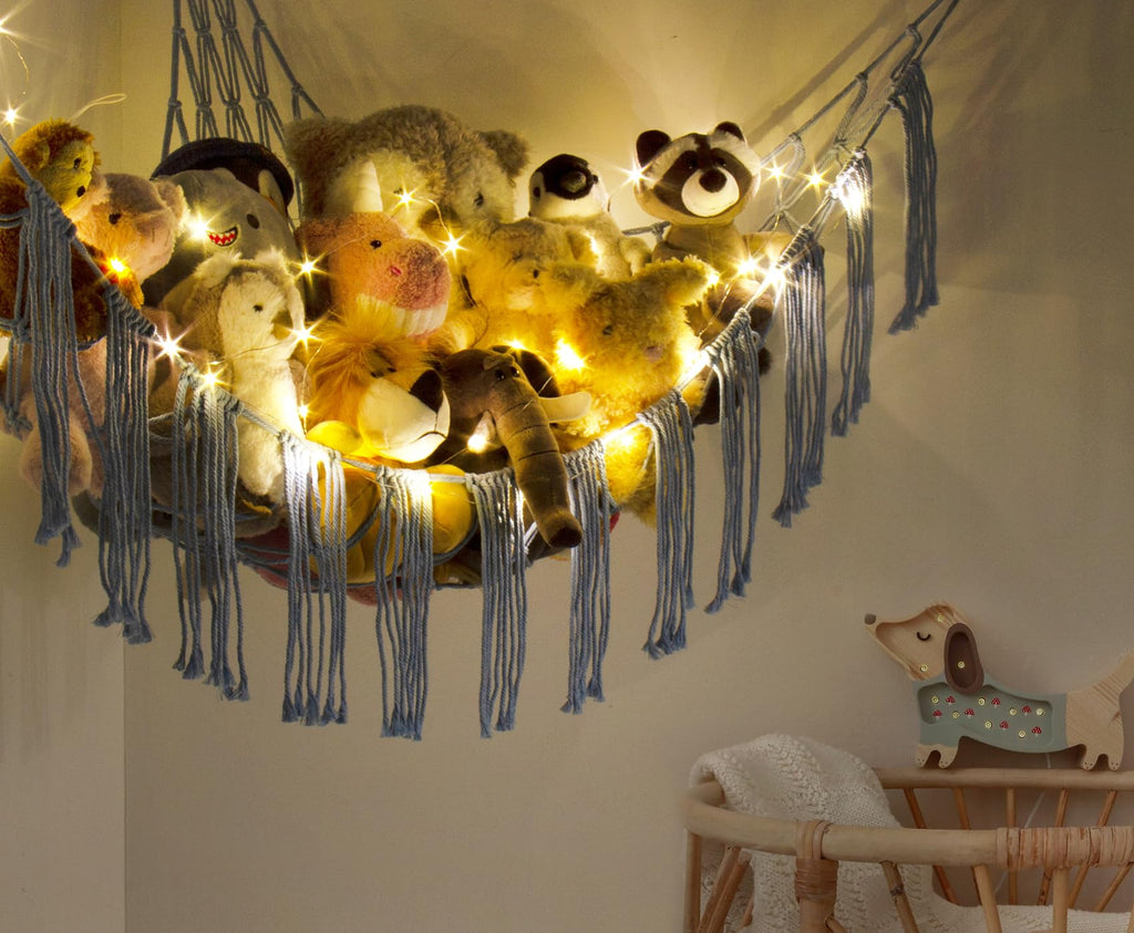 Stuffed Animal Hammock Corner with LED Light - Toy Storage Hammock Plushie Net Large - Cute Stuff Animals Holder Hanging Organizer - Baby Room Decor Kids Toddler Nursery Bedroom Boho