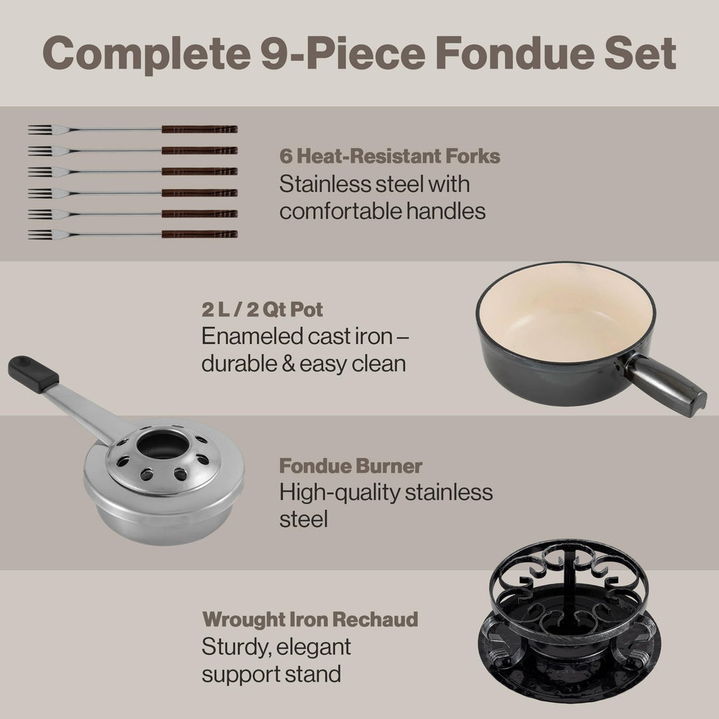 Swissmar Lugano Cast Iron Cheese Fondue Set, 9-Piece, 2 QT / 2 L - Ideal for Melting Cheese, Chocolates, Caramel, & More - Perfect for Kitchen Collection & Gift Giving - Matte Black