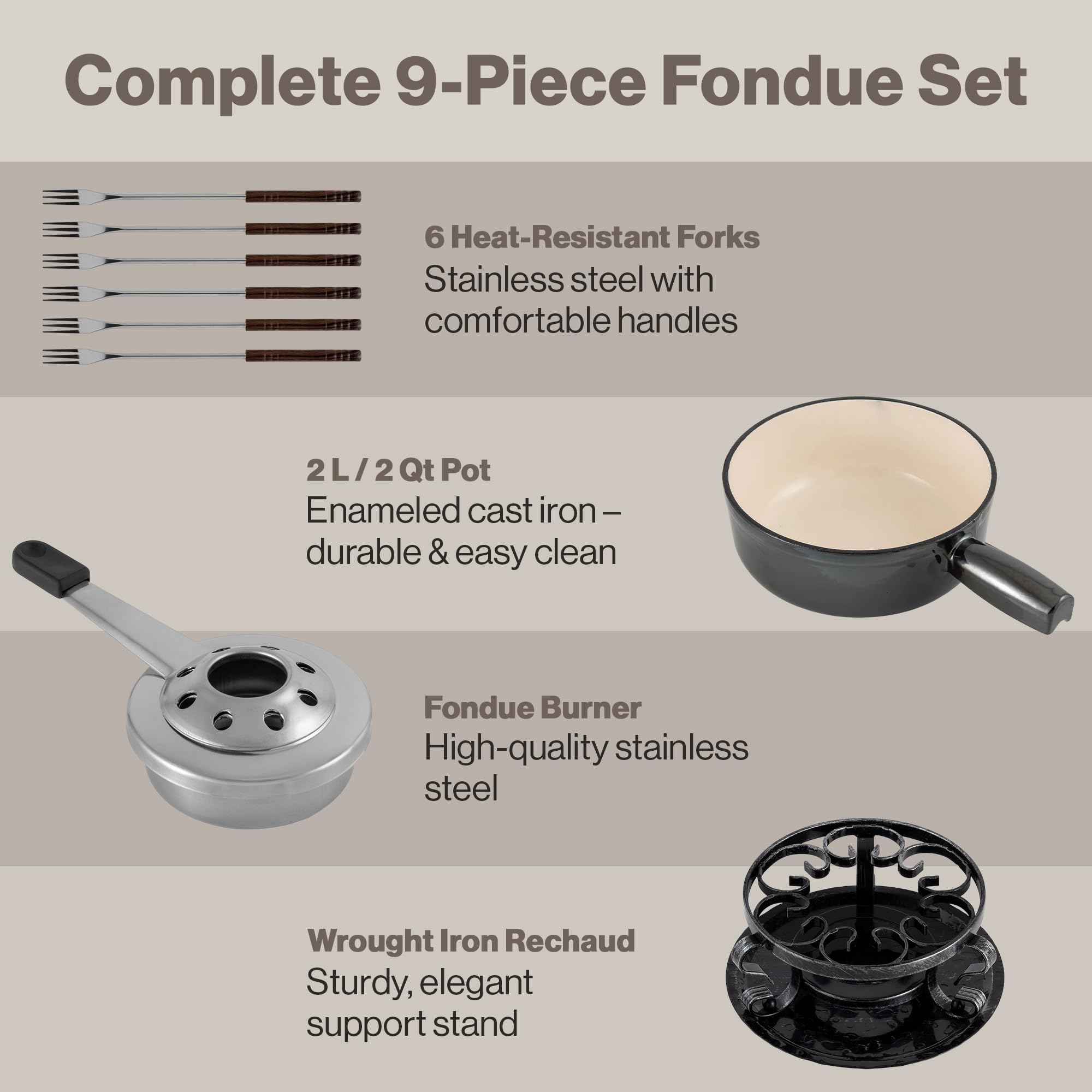 Swissmar Lugano Cast Iron Cheese Fondue Set, 9-Piece, 2 QT / 2 L - Ideal for Melting Cheese, Chocolates, Caramel, & More - Perfect for Kitchen Collection & Gift Giving - Matte Black