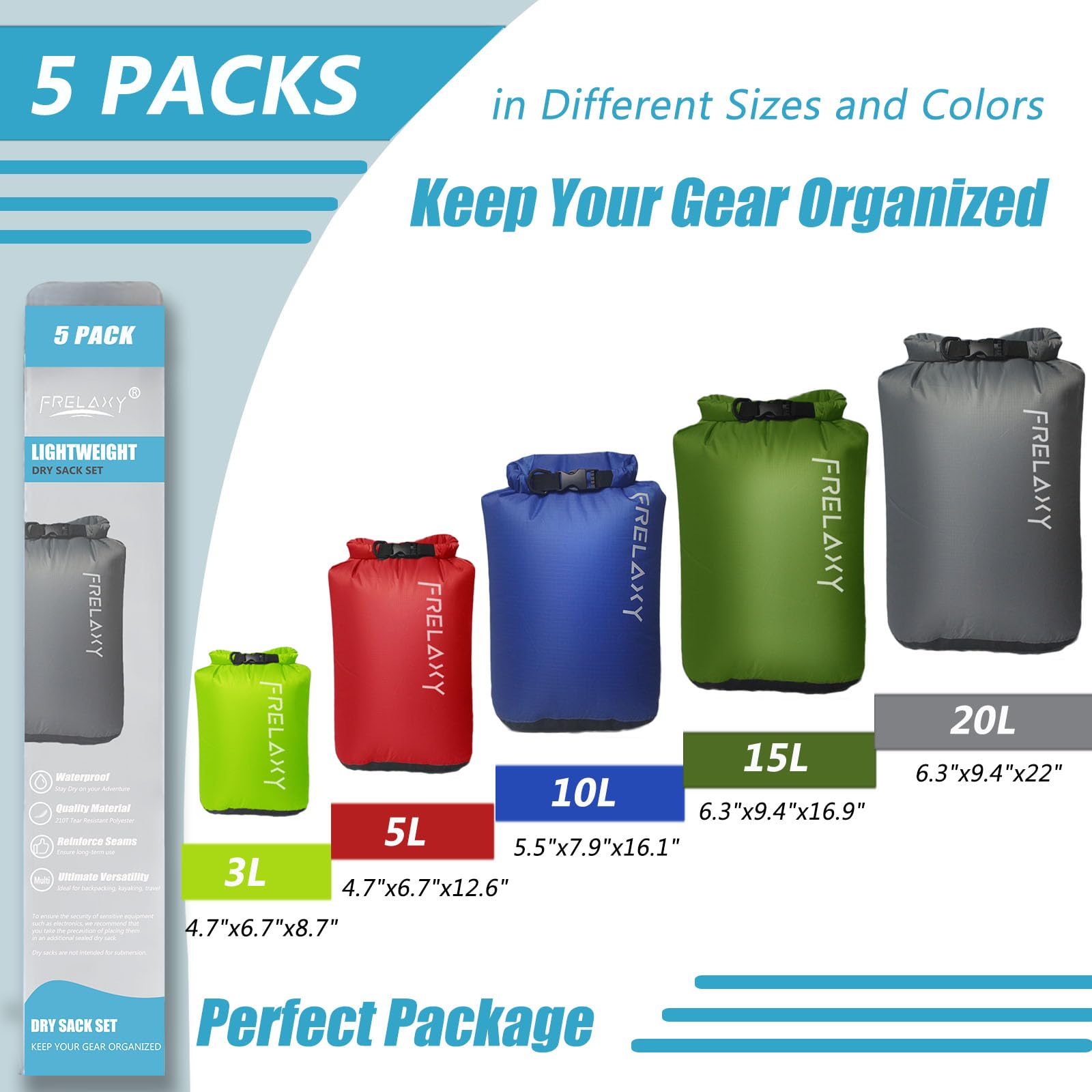 Frelaxy Dry Bag 3-Pack/5-Pack, Ultralight Dry Sack, Outdoor Bags Keep Gear Dry for Hiking, Backpacking, Kayaking, Camping, Swimming, Boating
