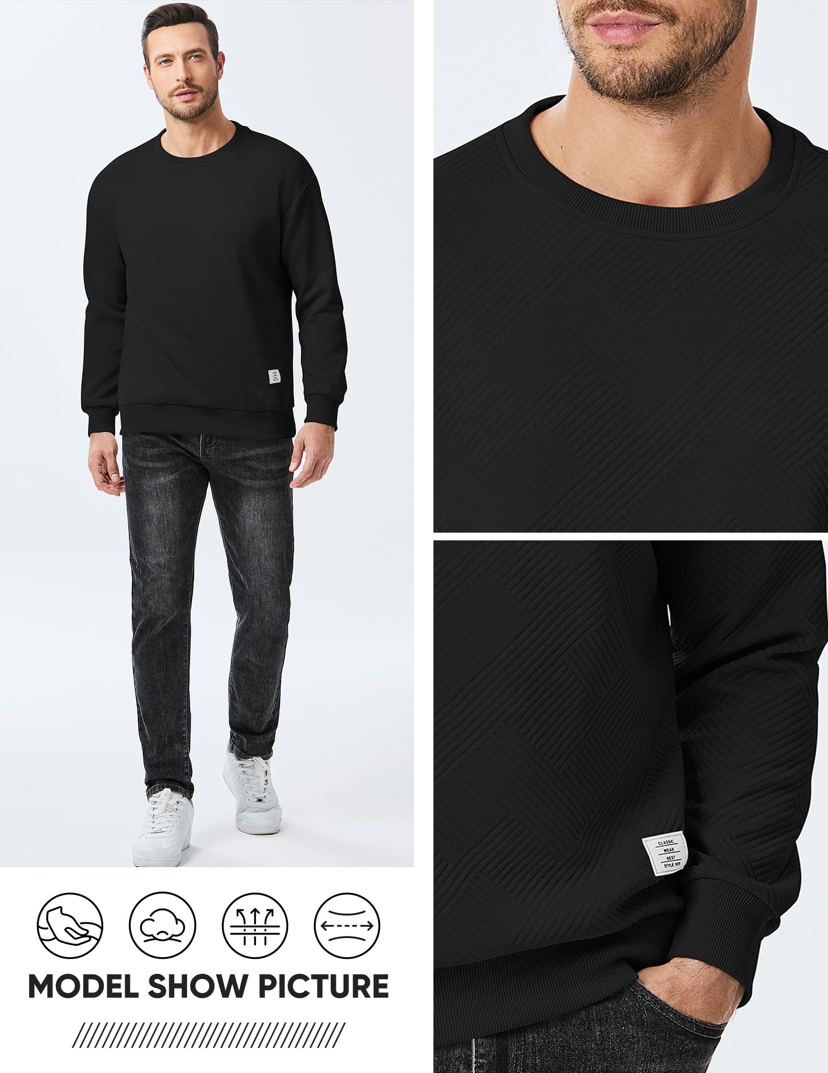 Dokotoo Men Men's Crewneck Sweatshirts Soild Color Geometric Texture Long Sleeve Casual Pullover Shirt