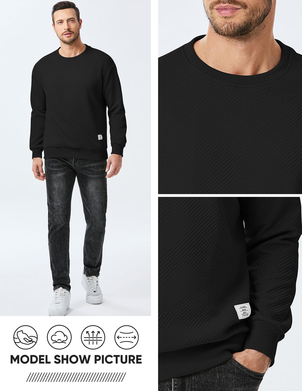 Dokotoo Men Men's Crewneck Sweatshirts Soild Color Geometric Texture Long Sleeve Casual Pullover Shirt