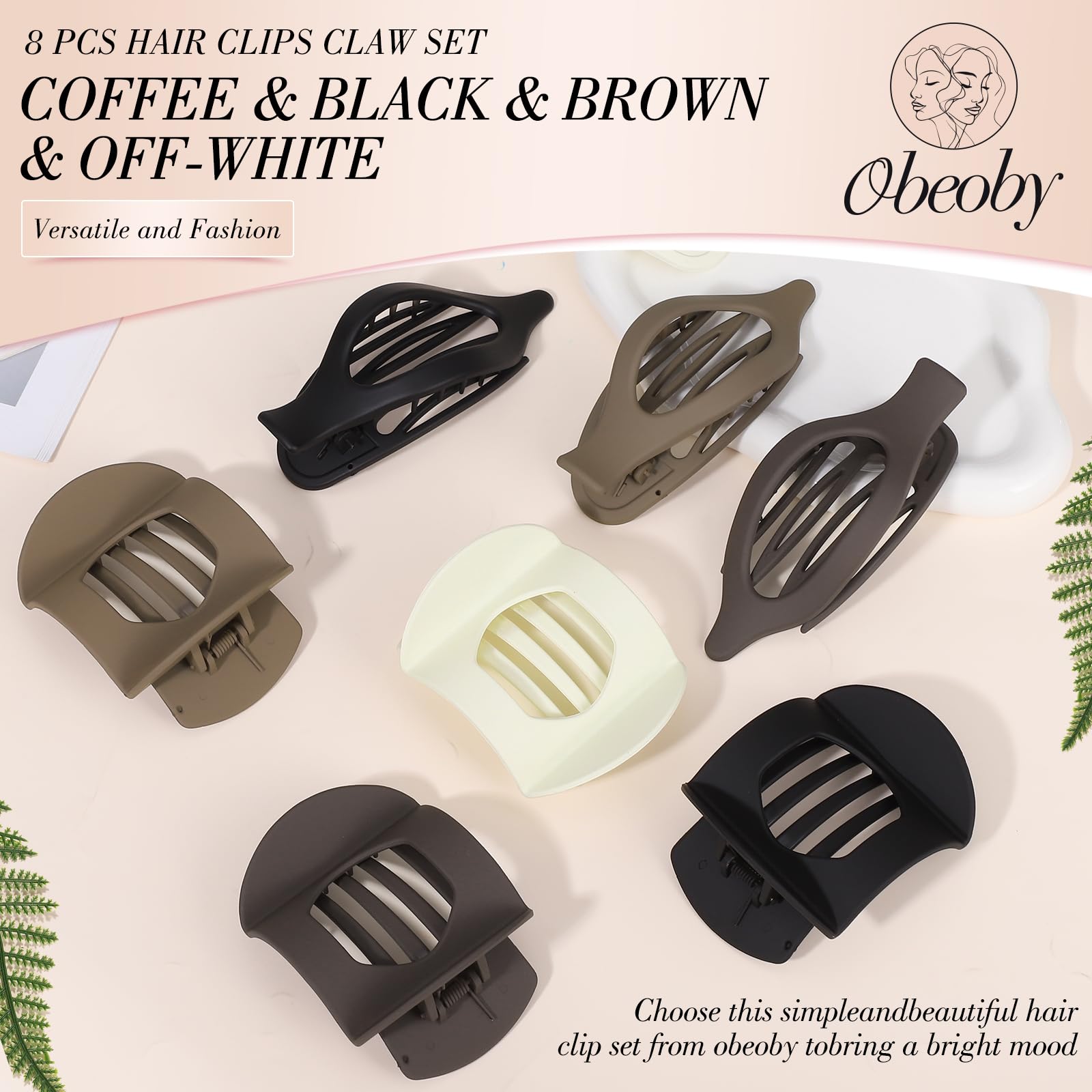 Obeoby 8 Pcs Flat Claw Clips for Women, Strong Hold French Flat Hair Clips for Thick Thin Hair Barrettes Accessories Round Large Medium (Tortoiseshell)