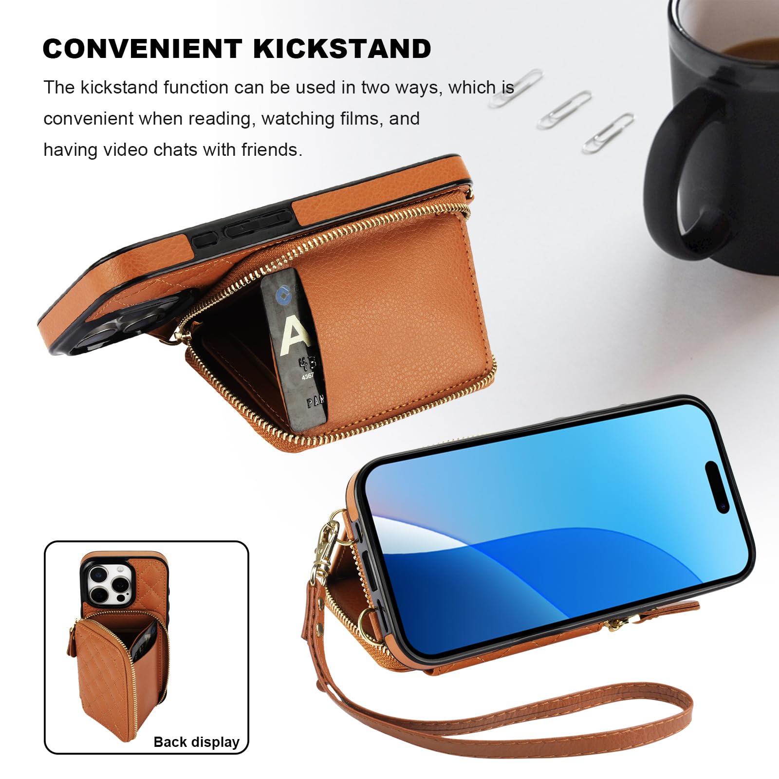 Bocasal Crossbody Wallet Case for iPhone 16 Pro, RFID Blocking PU Leather Zipper Handbag Purse Flip Cover, Kickstand Folio Case with Card Slots Holder Wrist Strap Lanyard 5G 6.3 Inch (Black)