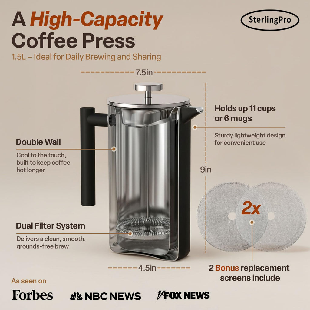 SterlingPro Stainless Steel French Press Coffee Maker 1 L (34 oz) Black – Double Walled Insulated Large Coffee Press, Durable Design Keeps Drinks Hot, Easy to Use and Clean for Rich Flavor Brewing