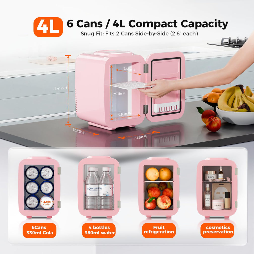 YASHE Mini Fridge, 4 Liter/6 Can Mini Makeup Fridge, 110V AC/ 12V DC Portable Thermoelectric Cooler&Warmer for Skincare, Drink, Cosmetic, Medicine, Small fridge for Bedroom, Office, Dorm, Car, Black