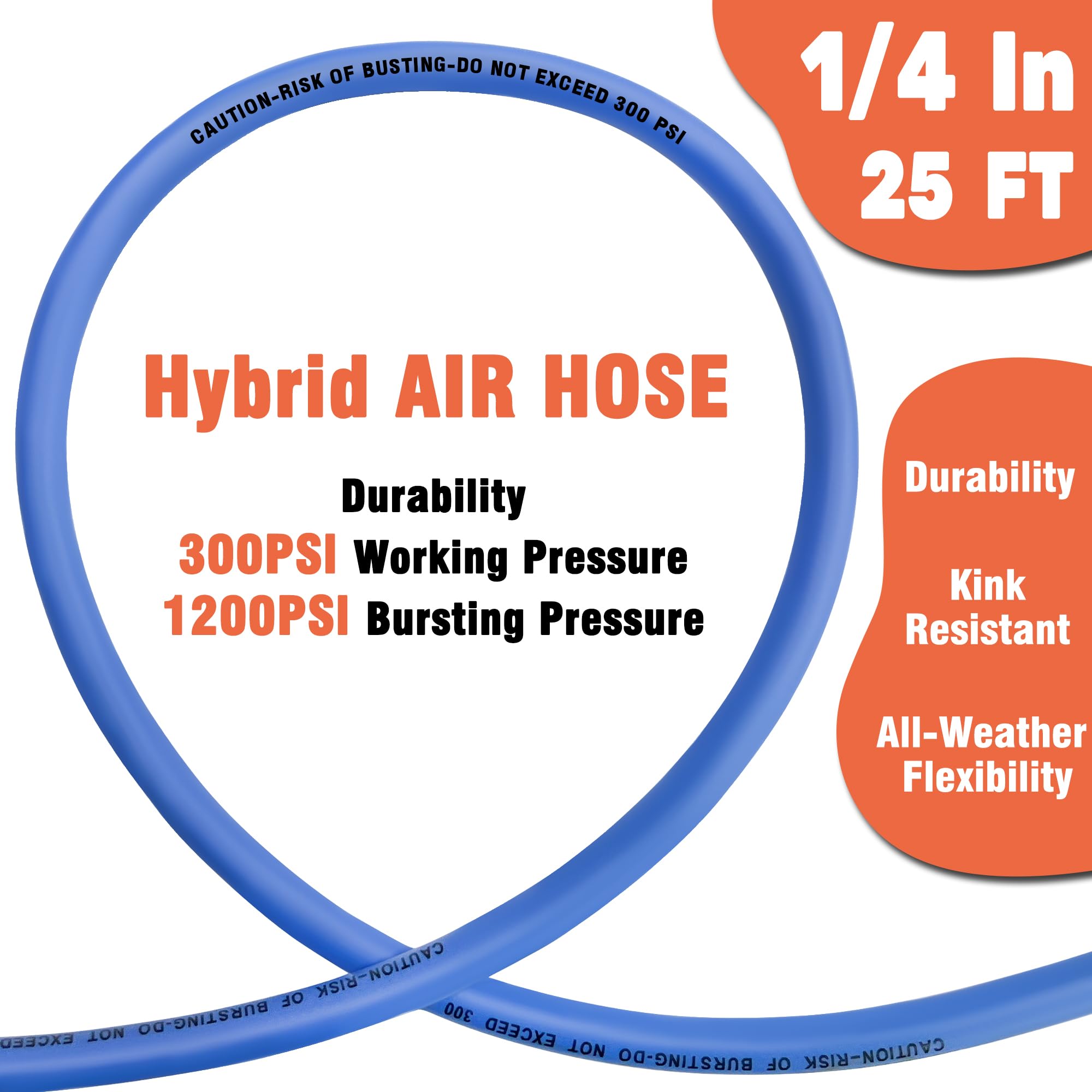 Air Compressor Hose 1/2 in, 300 PSI Heavy Duty Hybrid Air Hose with Quick Coupler and Plug Kit, Lightweight, Kink Resistant, All Weather Flexibility with Bend Restrictors, 6 Feet