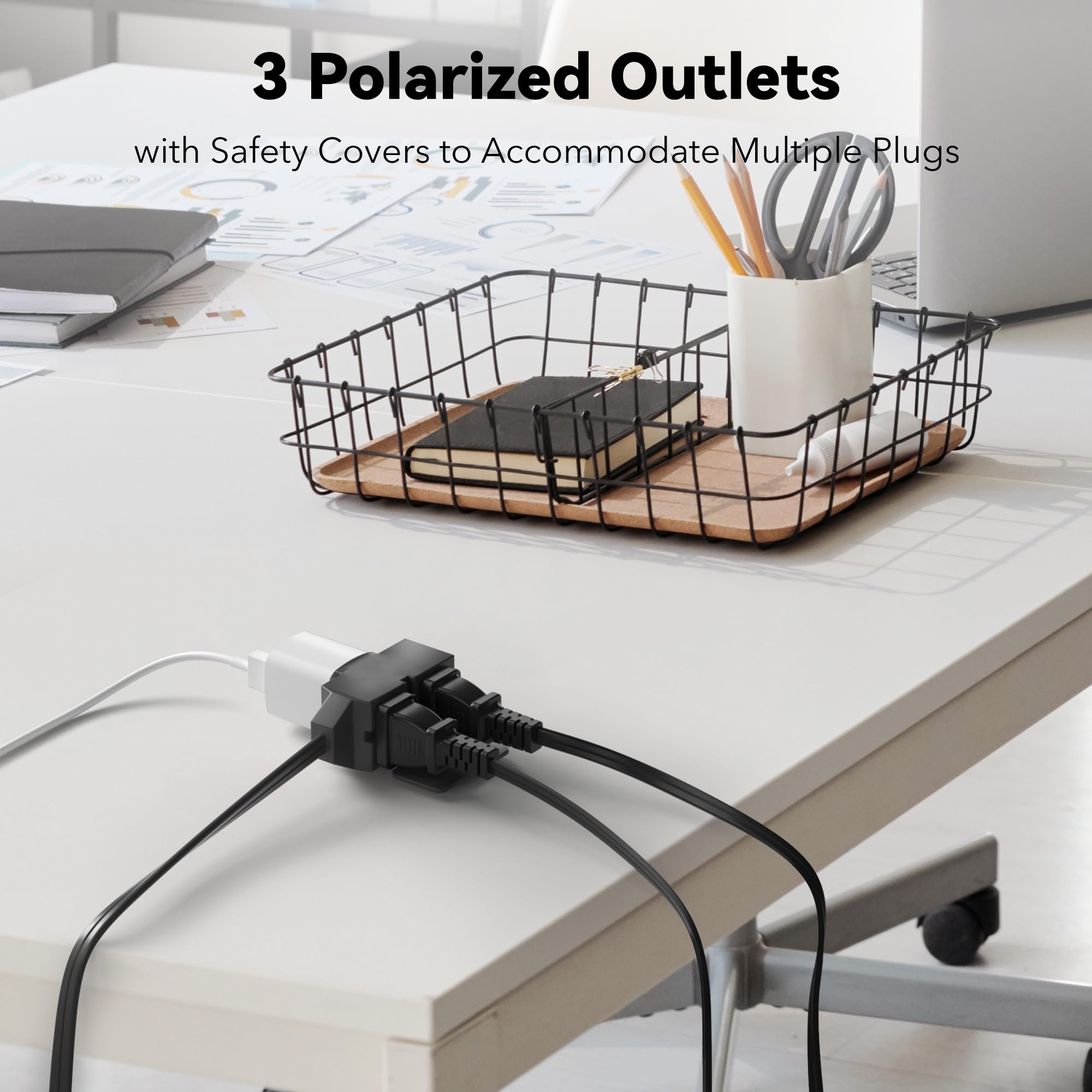 BN-LINK 6ft Indoor Extension Cord, 2 Pack, 3-Outlet Polarized Flat Cable, Household Power Cord for Home, Office, and Holiday Decorations, Black