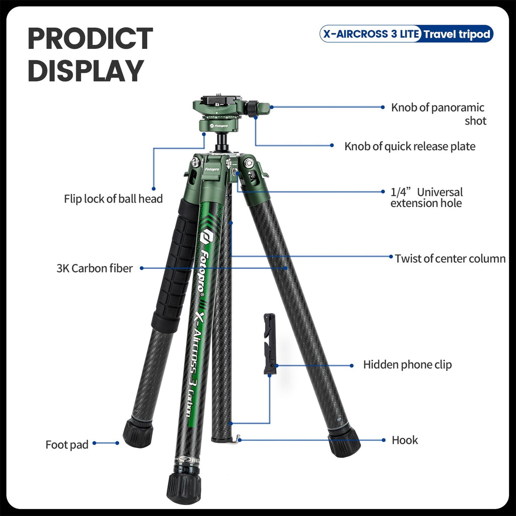 Fotopro 60" Camera Tripod, Carbon Fiber Travel Tripod with 360° Ball Head, Ultralight 2.1lbs, 22lbs Load, Quick Lock, Folds to 14.3" Carry-On, for DSLR Mirrorless Cameras, X-Aircross 3 Blue