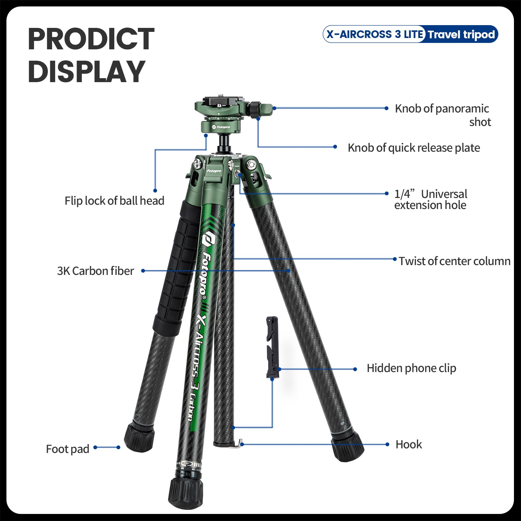 Fotopro 60" Camera Tripod, Carbon Fiber Travel Tripod with 360° Ball Head, Ultralight 2.1lbs, 22lbs Load, Quick Lock, Folds to 14.3" Carry-On, for DSLR Mirrorless Cameras, X-Aircross 3 Blue