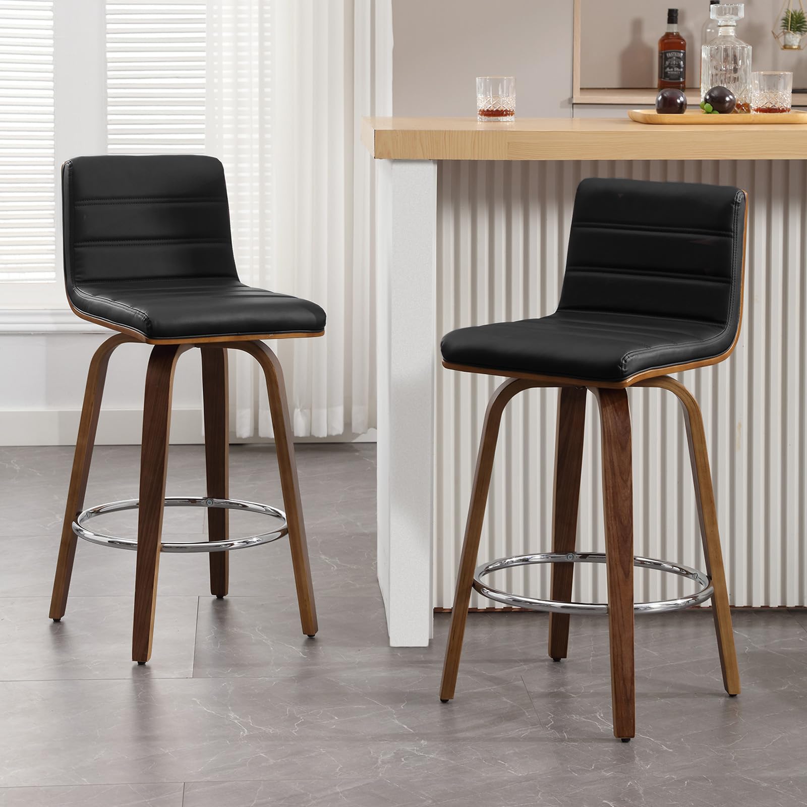 Bar Stools 29 Inch Bar Height, Swivel Bar Stools with Backs Upholstered PU Leather Barstool, L Shape Back and Padded Seat, Mid-Century Modern Bar Stool Pub Chairs for Kitchen Counter Island, Black