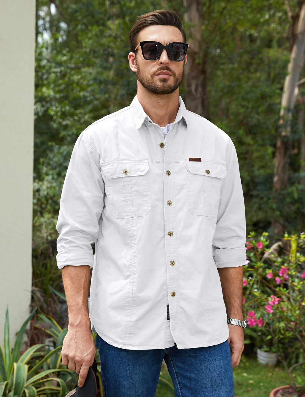 Eisctnd Men's Long Sleeve Cotton Work Shirt Casual Loose Fit Button Down Shirts with 2-Pocket for Outdoor Safari