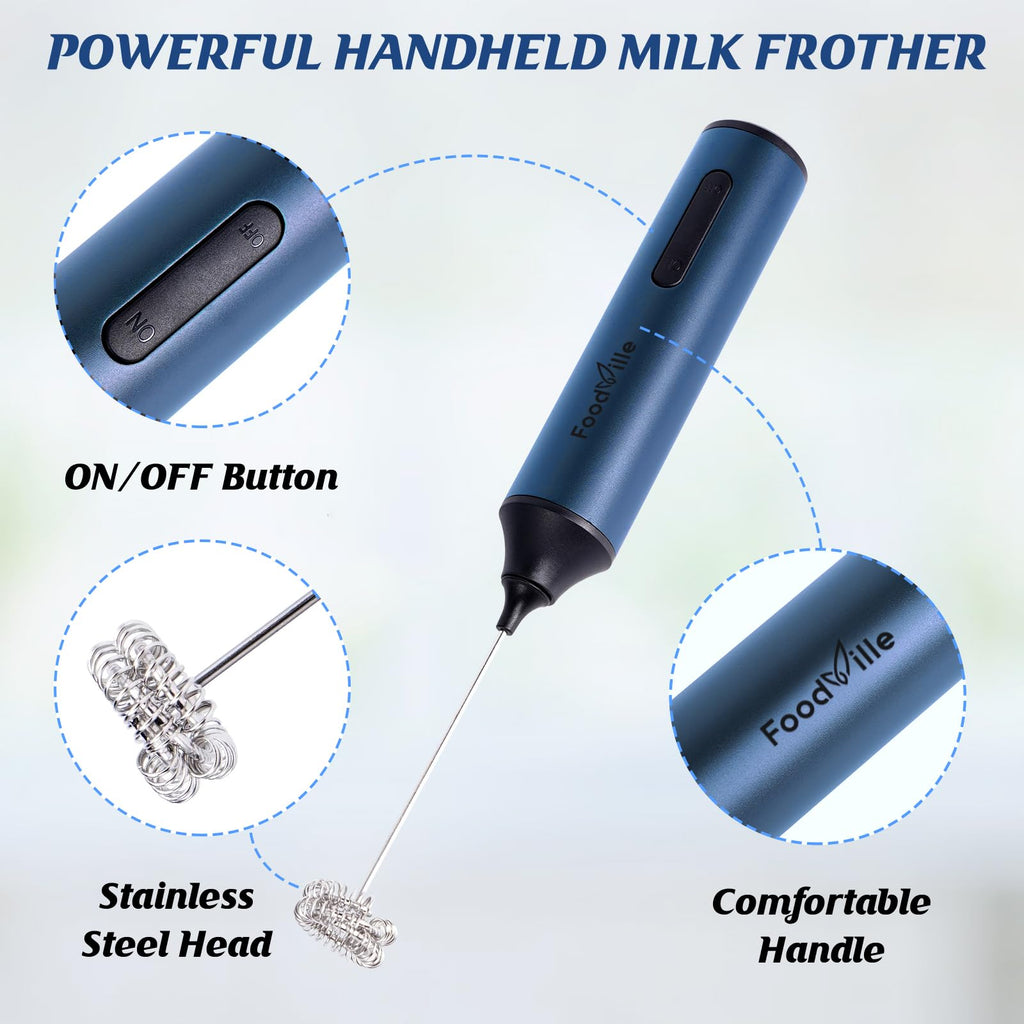 FoodVille MF05 Rechargeable Milk Frother USB Charging Handheld Foam Maker with Stainless Balloon Whisk for Cappuccino, Latte, Bulletproof Coffee, Keto Diet, Protein Powder, Matcha (Black)