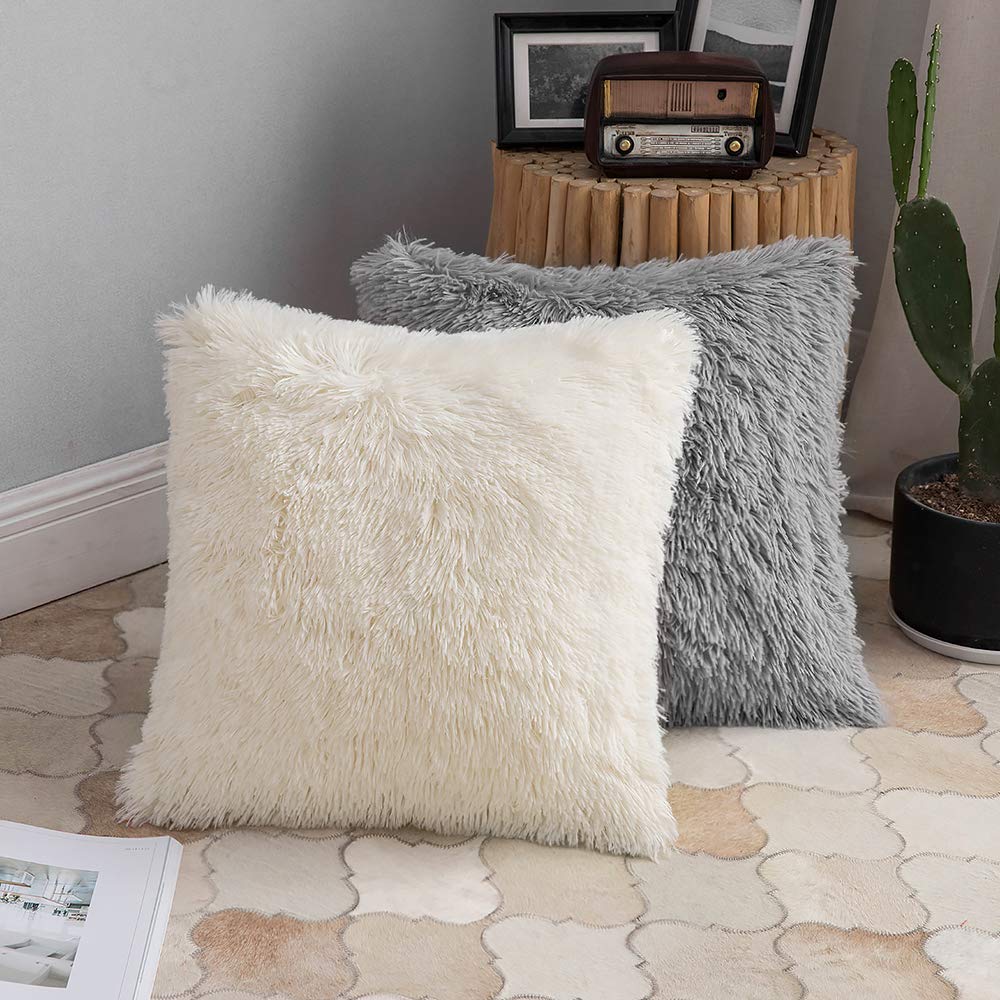 ANRODUO Pack of 2 Baby Pink Throw Pillow Covers Luxury Fluffy Pillows Faux Fur Decorative Pillows Plush Cushion Case Fuzzy Mongolian Merin Style for Bed Couch Sofa Living Room Summer Decor 16x16 Inch