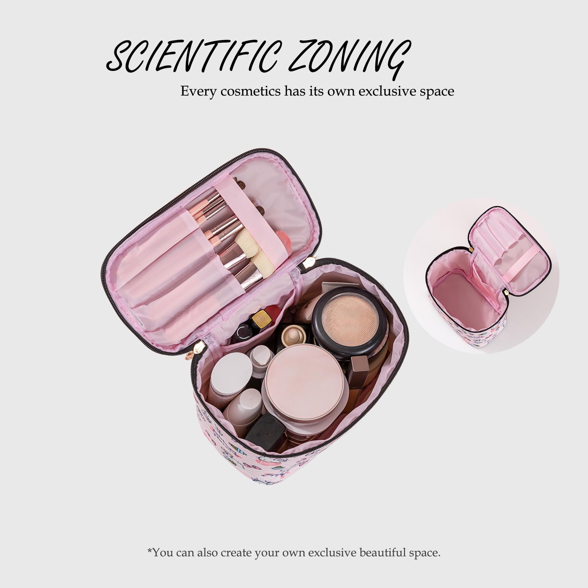AmBealla Makeup Bag Large Waterproof Cosmetic Bags with Makeup Brush Holder,Cute Printed Makeup Organizer for Women Traveling,Portable Toiletry Bag for Girls
