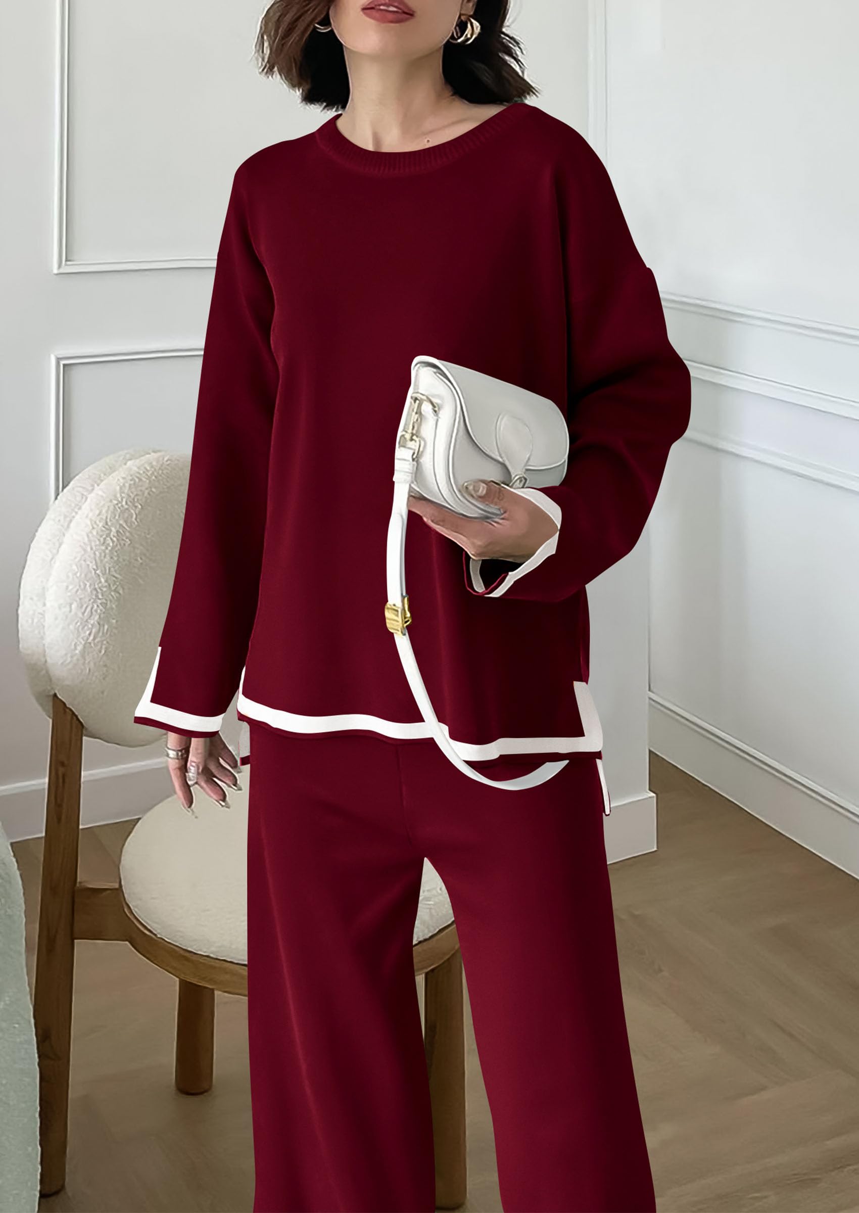 PRETTYGARDEN Women's 2 Piece Knit Sweater Set Travel Outfits | Long Sleeve Tops, Wide Leg Pants, Soft Matching Sweat Track Suits, Casual Fall Winter Clothes for Brunch, Going Out & Cruise