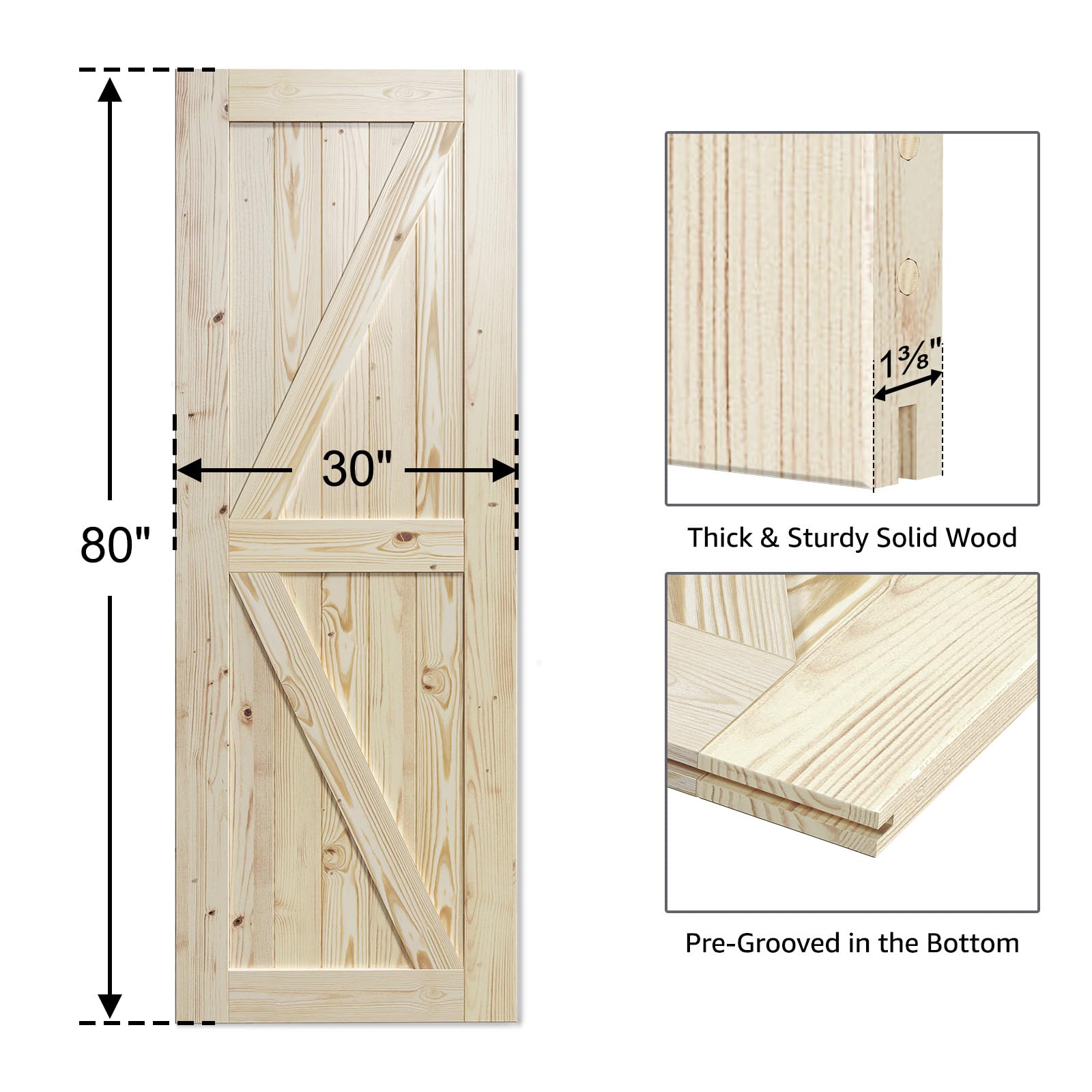 SmartStandard 24in x 80in Sliding Barn Wood Door Pre-Drilled Ready to Assemble, DIY Unfinished Solid Spruce Wood Panelled Slab, Interior Single Door Only, Natural, K-Frame (Fit 4FT Rail)