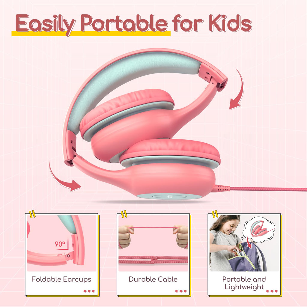 EarFun K1 Kids Headphones Wired with Microphone, 85/94dB Volume Limit Headphones for Kids, Portable Wired Headphone with Shareport, Stereo Sound Foldable Headset for School/Tablet/iPad, Black Red
