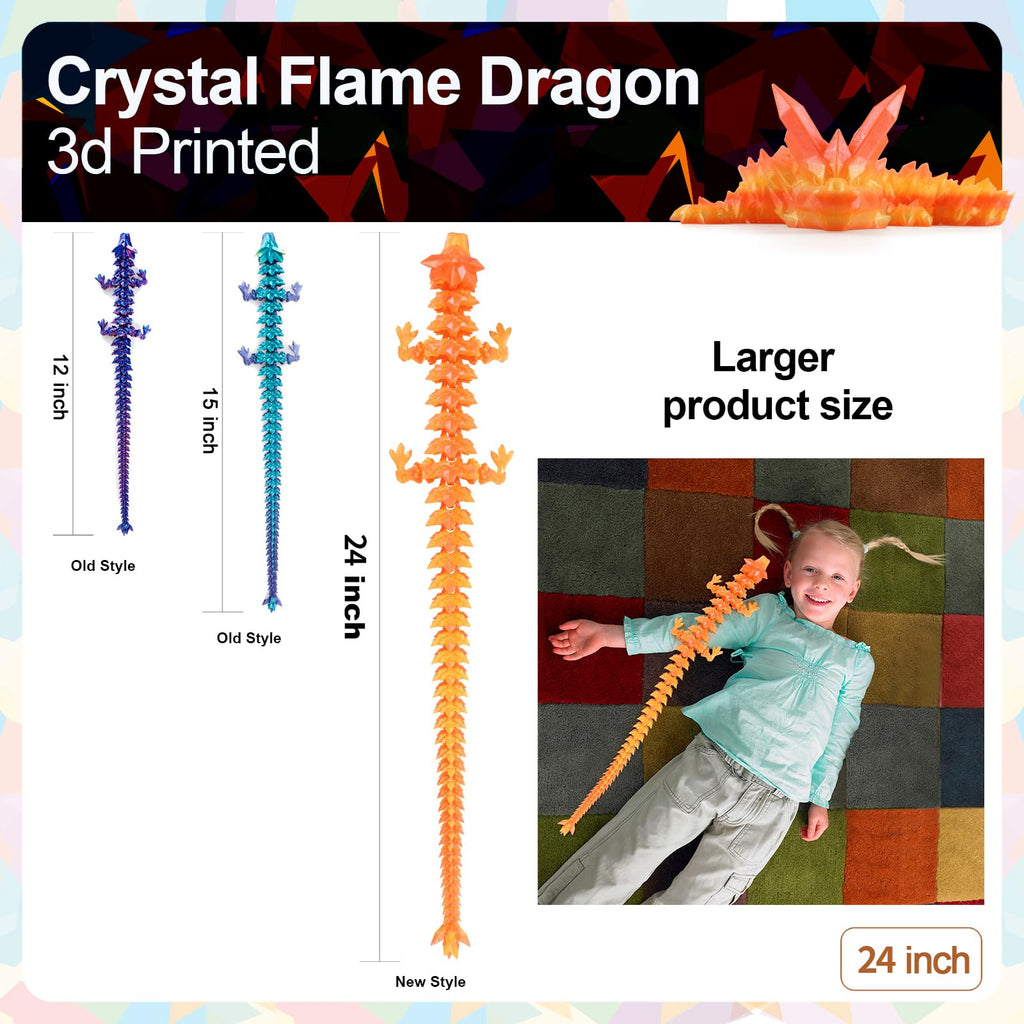 24" Large 3D Printed Dragon - Huge Articulated Crystal Dragon Fidget Toy, Giant Flexible 3D Dragon Figure, Birthday Gift for Boys Girls Kids & Collectors, Home Office Executive Desk Decor