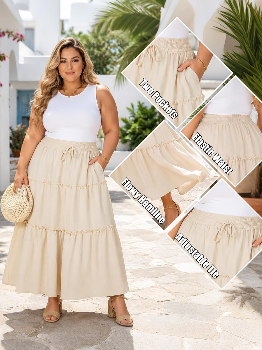 Moon Wood Plus Size Maxi Skirts for Women Trendy Long Flowy Boho Tiered Skirt Renaissance Summer Beach Skirt with Pockets