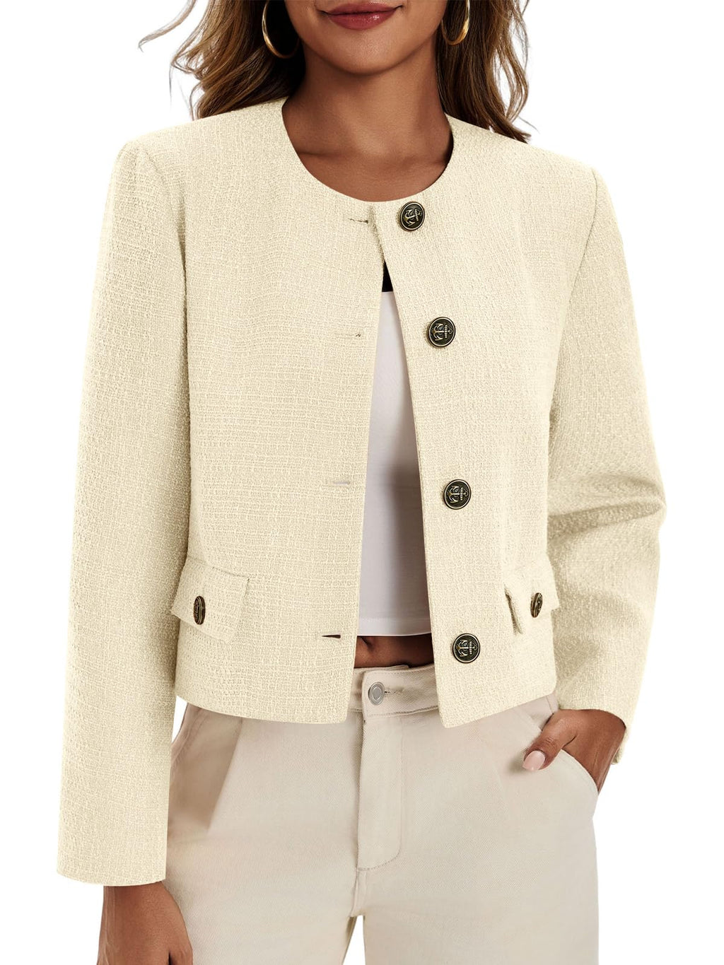 Cicy Bell Womens Cropped Tweed Blazer Collarless Button Down Bomber Jacket Business Casual Fall Outfits