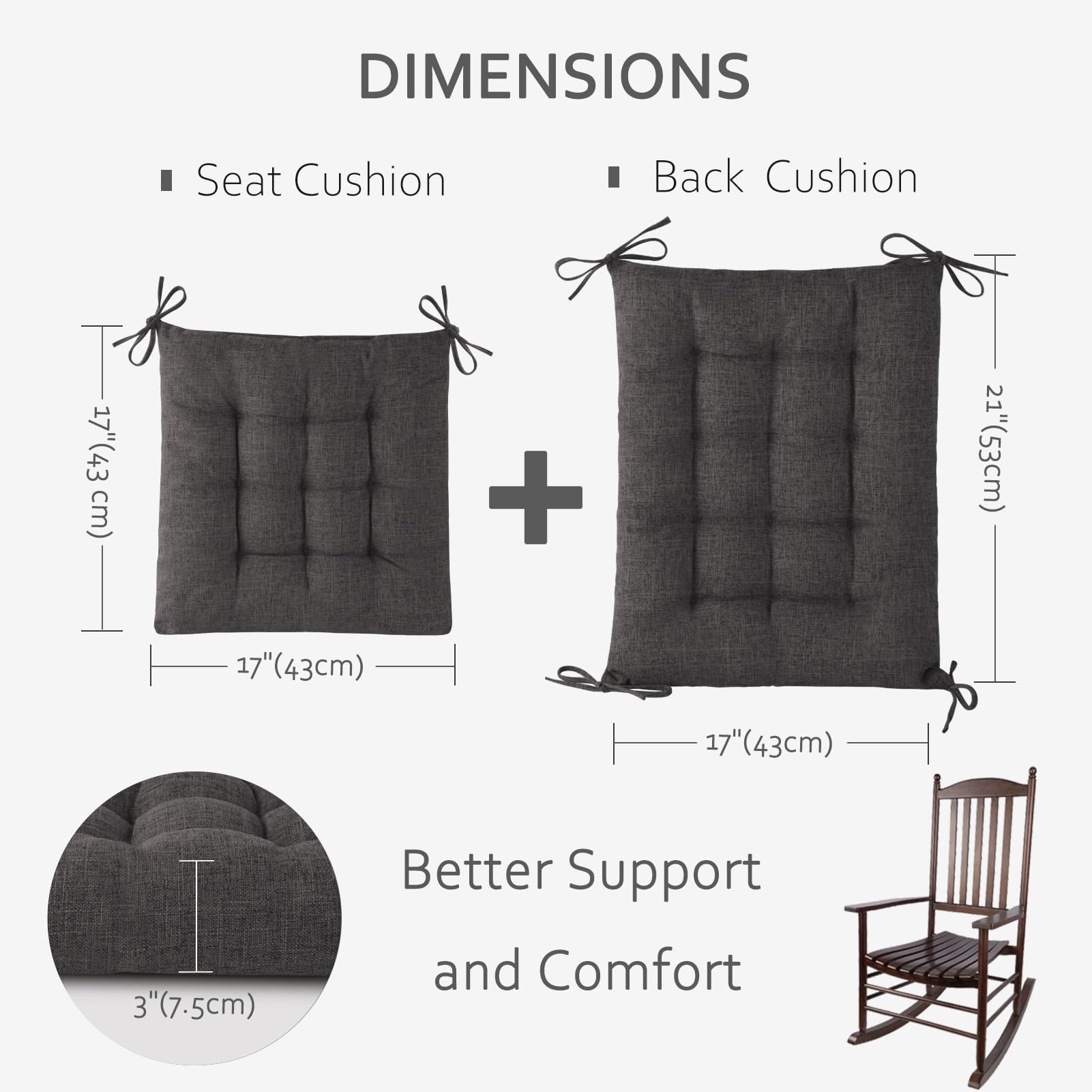 ELFJOY Rocking Chair Cushion Large Rocking Chair Pads with Ties Premium Tufted High Back and Seat Cushion 2 Piece Set Black