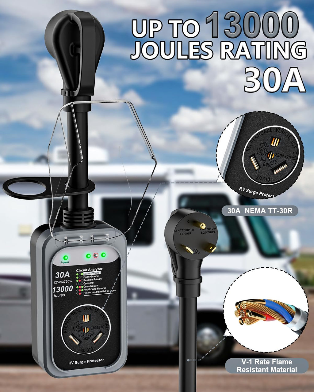 RV Surge Protector 30 Amp, 10000 Joules RV Circuit Analyzer with Waterproof Cover,RV Adapter Plug for Camper Travel Trailers (30 AMP)