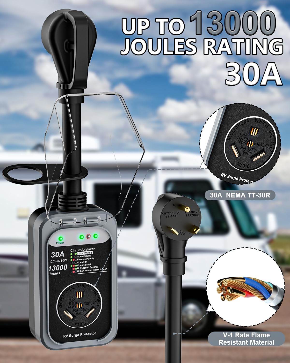 RV Surge Protector 30 Amp, 10000 Joules RV Circuit Analyzer with Waterproof Cover,RV Adapter Plug for Camper Travel Trailers (30 AMP)