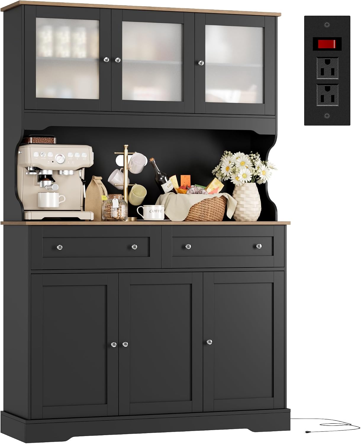 FACBOTALL 71.9" Kitchen Pantry Cabinet, Tall Storage Cabinet, Kitchen Hutch with Countertop and Outlets, Farmhouse Tall Pantry Storage with Doors and Shelves, Black