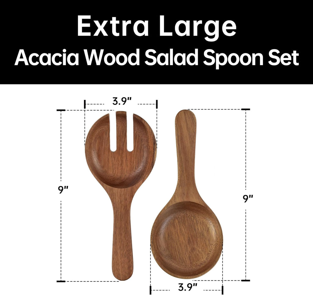 KITEISCAT Extra Large Glass Salad Bowl Set - Party Salad Bowls with Acacia Wood Base and Serving Utensils - Elegant and Practical Kitchen Must-Have