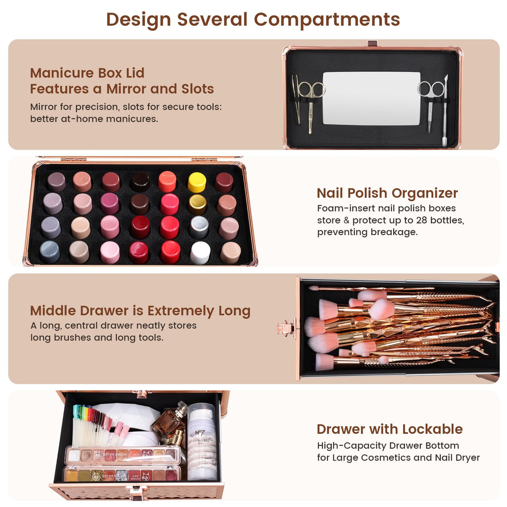 Frenessa Nail Polish Makeup Train Case with Drawer and Dividers Manicure Organizer Accessory Storage Makeup Box With Mirror Lockable Keys Nail Kit Organizer Cosmetic Case Jewelry Box - Black