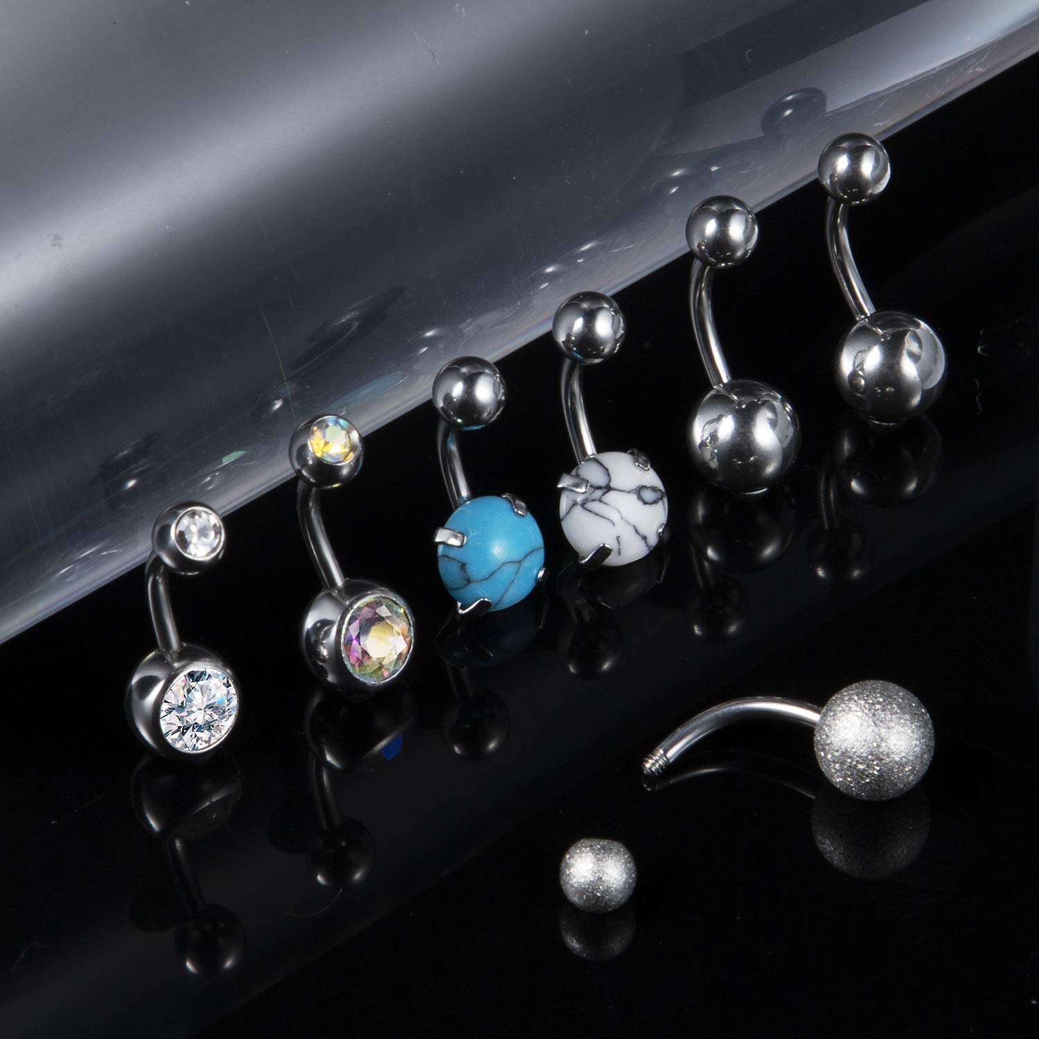 Wssxc 14G Hypoallergenic Surgical Steel Belly Button Ring Cubic Zirconia Belly Button Barbs Body Piercing Set 7Pcs