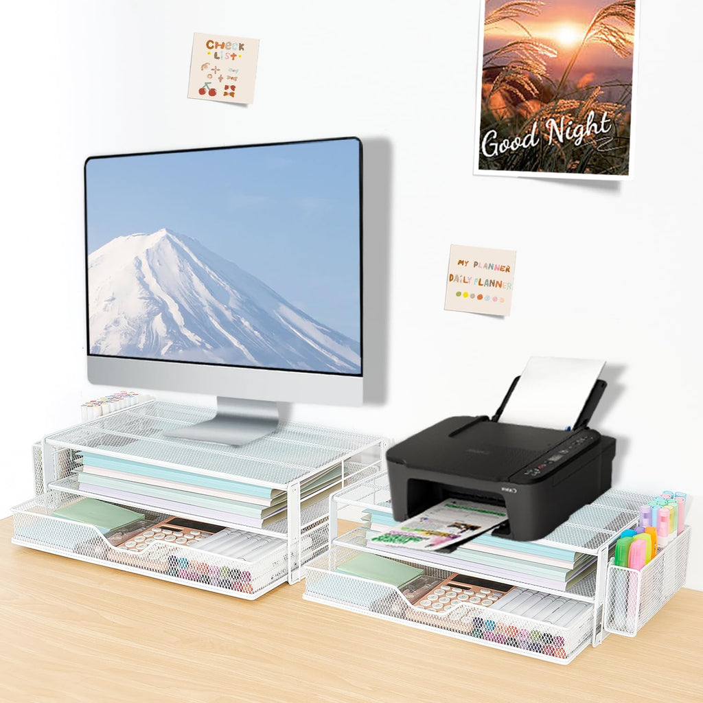 AUPSEN 2 Tier Computer Monitor Stands with Drawer and 2 Pencil Holder, Metal Monitor Stand Monitor riser, Computer Desk Organizer and Accessories for Laptop, Computer, Printer, Office Supplies(Black)