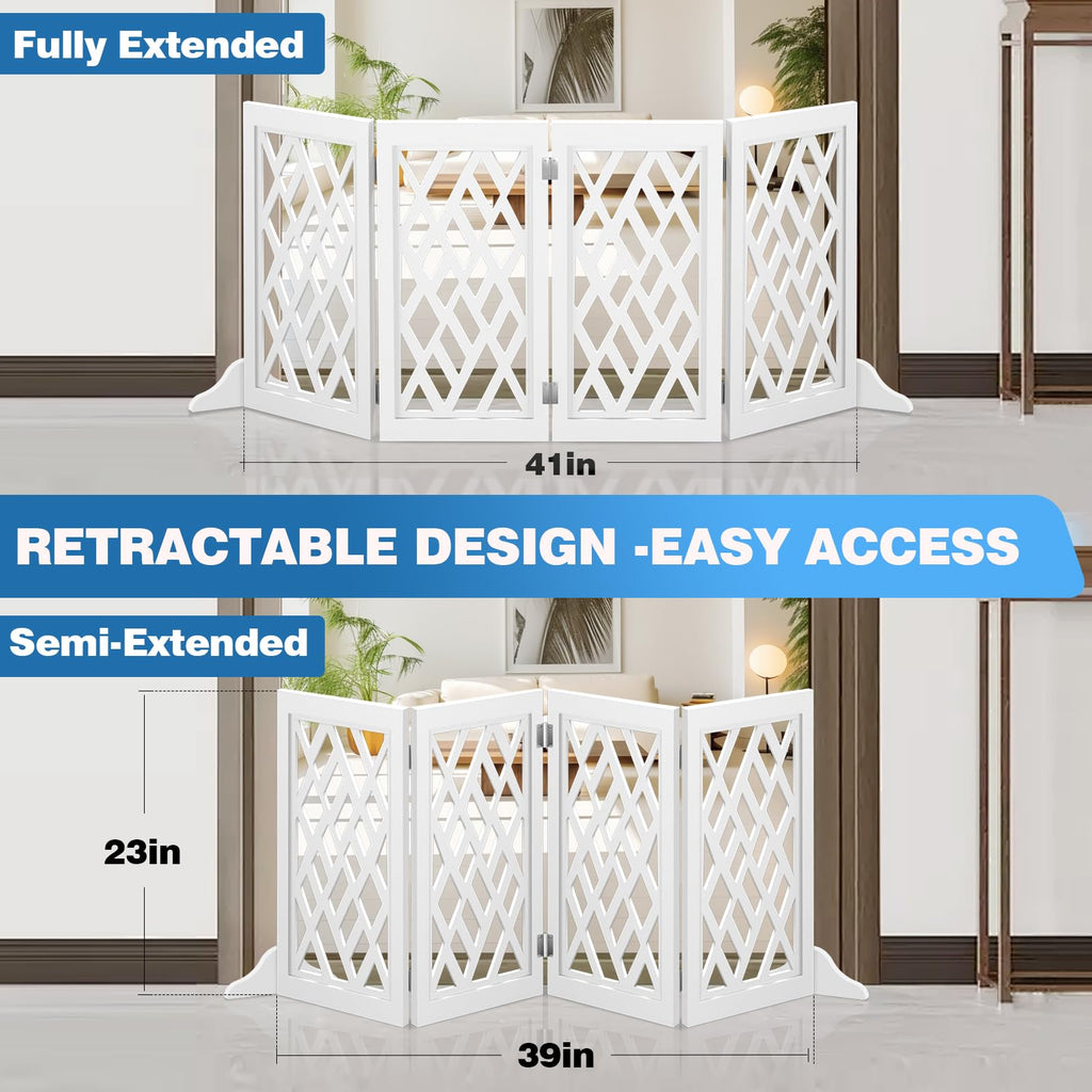 Cut-Out Design 16" Short Dog Gate for Small Dogs, Foldable Retractable Puppy Gate Indoor - Freestanding Lightweight Pet Barrier for Doorways, Stairs, Hallways (Extends to 35", White)