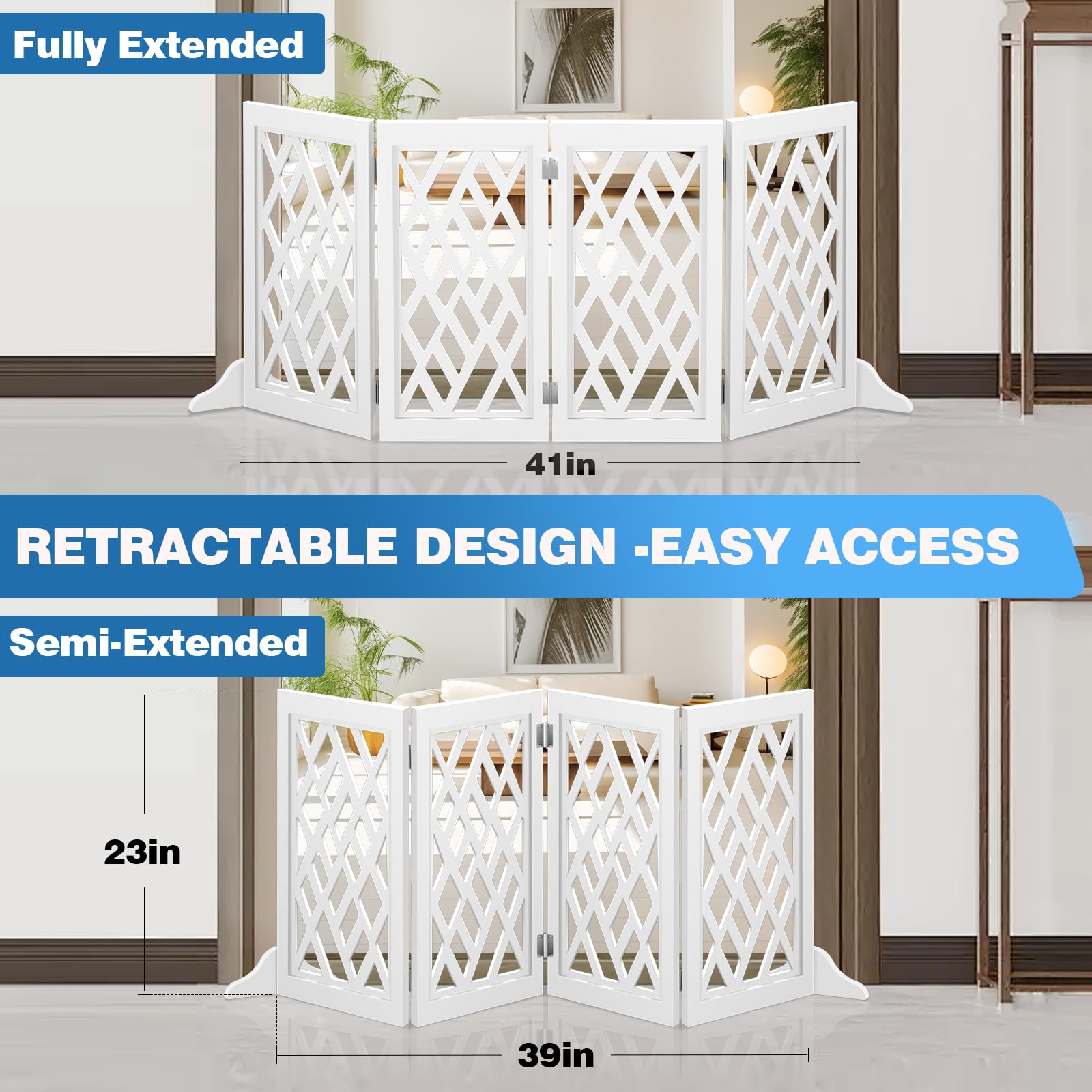 Cut-Out Design 16" Short Dog Gate for Small Dogs, Foldable Retractable Puppy Gate Indoor - Freestanding Lightweight Pet Barrier for Doorways, Stairs, Hallways (Extends to 35", White)