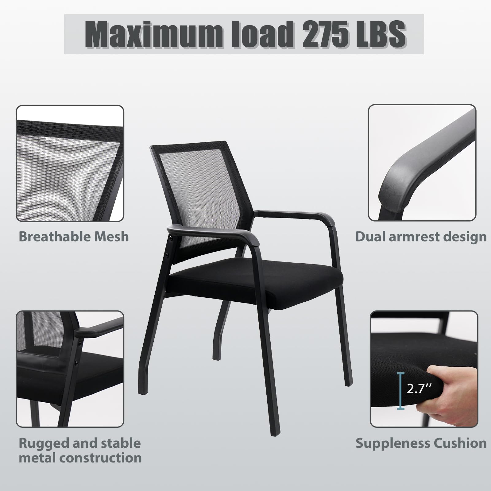 KLASIKA Desk Chair No Wheels with Adjustable Mesh Backrest, Arm Chair with Ergonomic Lumbar Support and Thickened Seats Cushion, Waiting Room Chairs for Office School Church Guest Reception