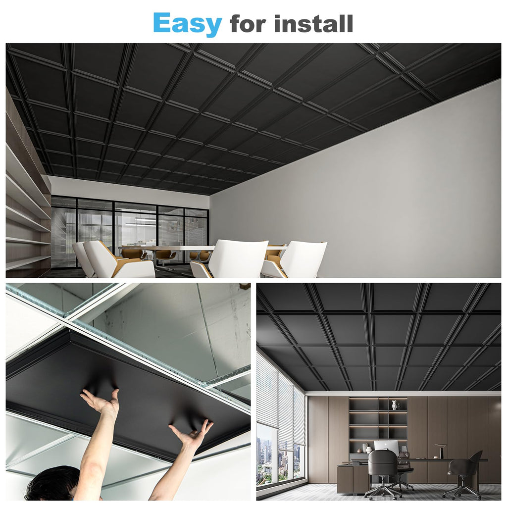 Art3d Drop Ceiling Tiles 24x24in. (12-Pack, 48 Sq.ft), Wainscoting Panels Glue Up 2ft x 2ft for Interior Décor in Living Room, Bedroom & Office, Star Black