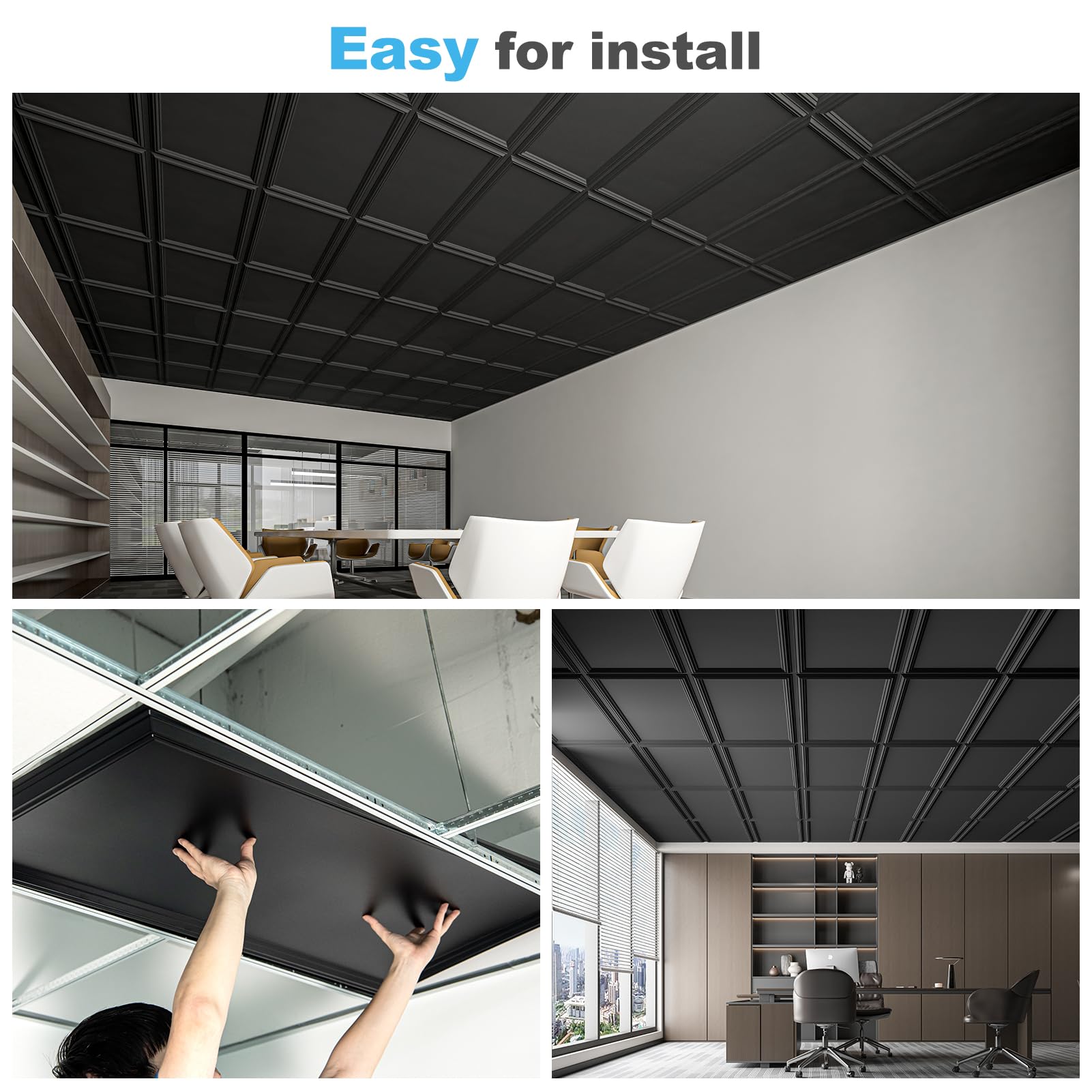 Art3d Drop Ceiling Tiles 24x24in. (12-Pack, 48 Sq.ft), Wainscoting Panels Glue Up 2ft x 2ft for Interior Décor in Living Room, Bedroom & Office, Star Black